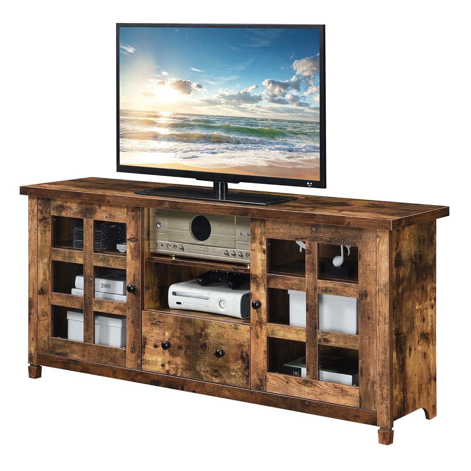 Convenience Concepts Newport Park Lane 1 Drawer TV Stand with Storage Cabinets and Shelves for TVs up to 65 Inches, Barnwood