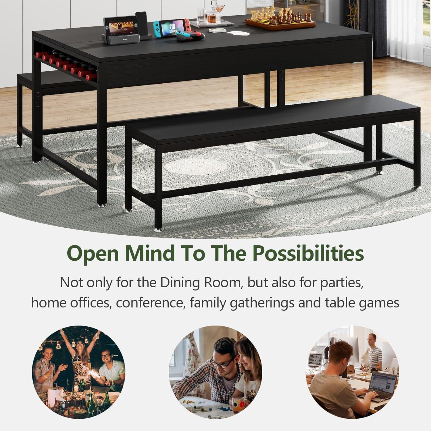 17 Stories Zubie 63"Dining Table Set for 4-6, 3-Piece Kitchen Table with 2 Utensil Drawers,2 Benches&Wine Rack