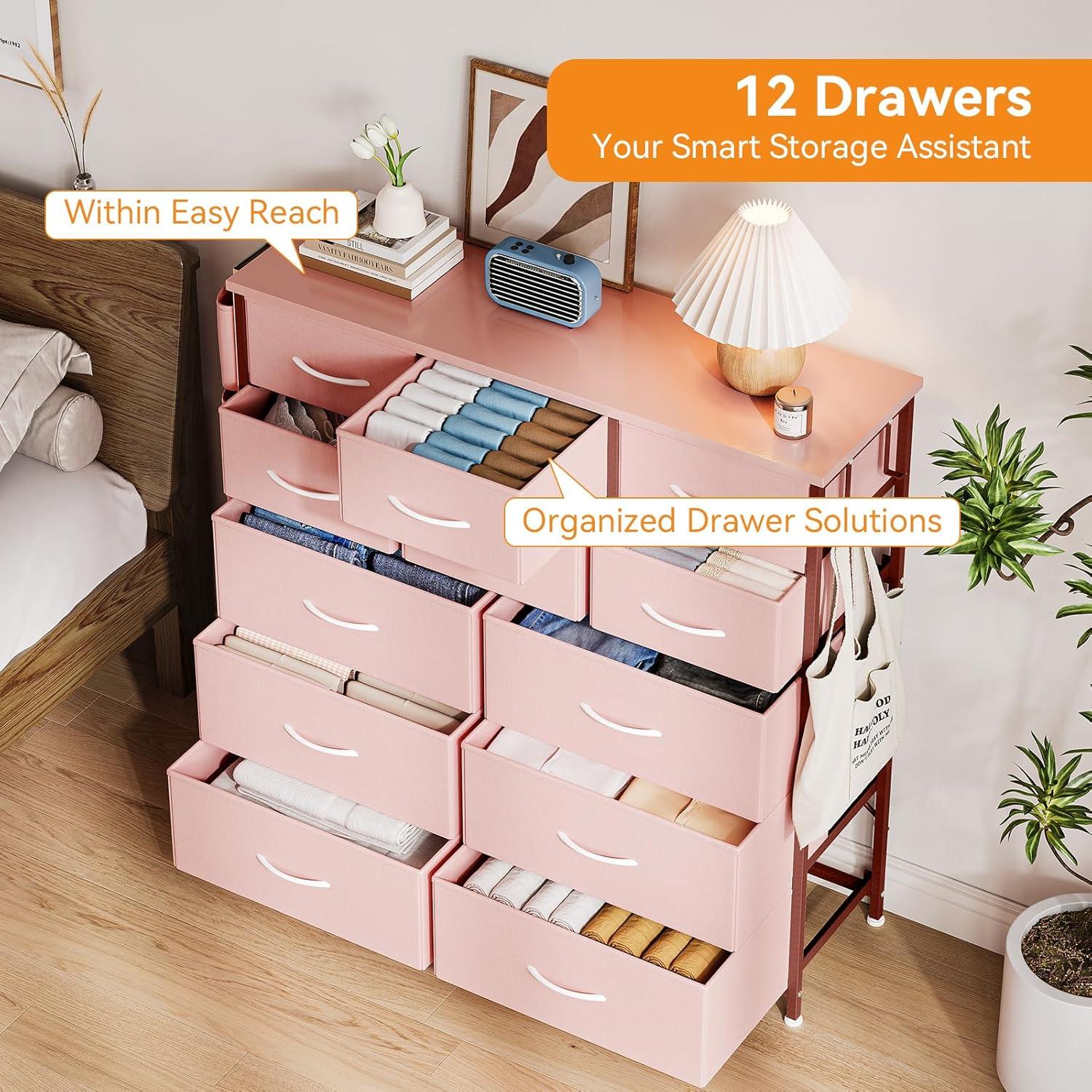 Jojoka 12-Drawer Dresser for Bedroom, Fabric Storage Organizer With Wood Top, Side Pockets & Hooks Cabinet for Closet, Nursery,  Pink