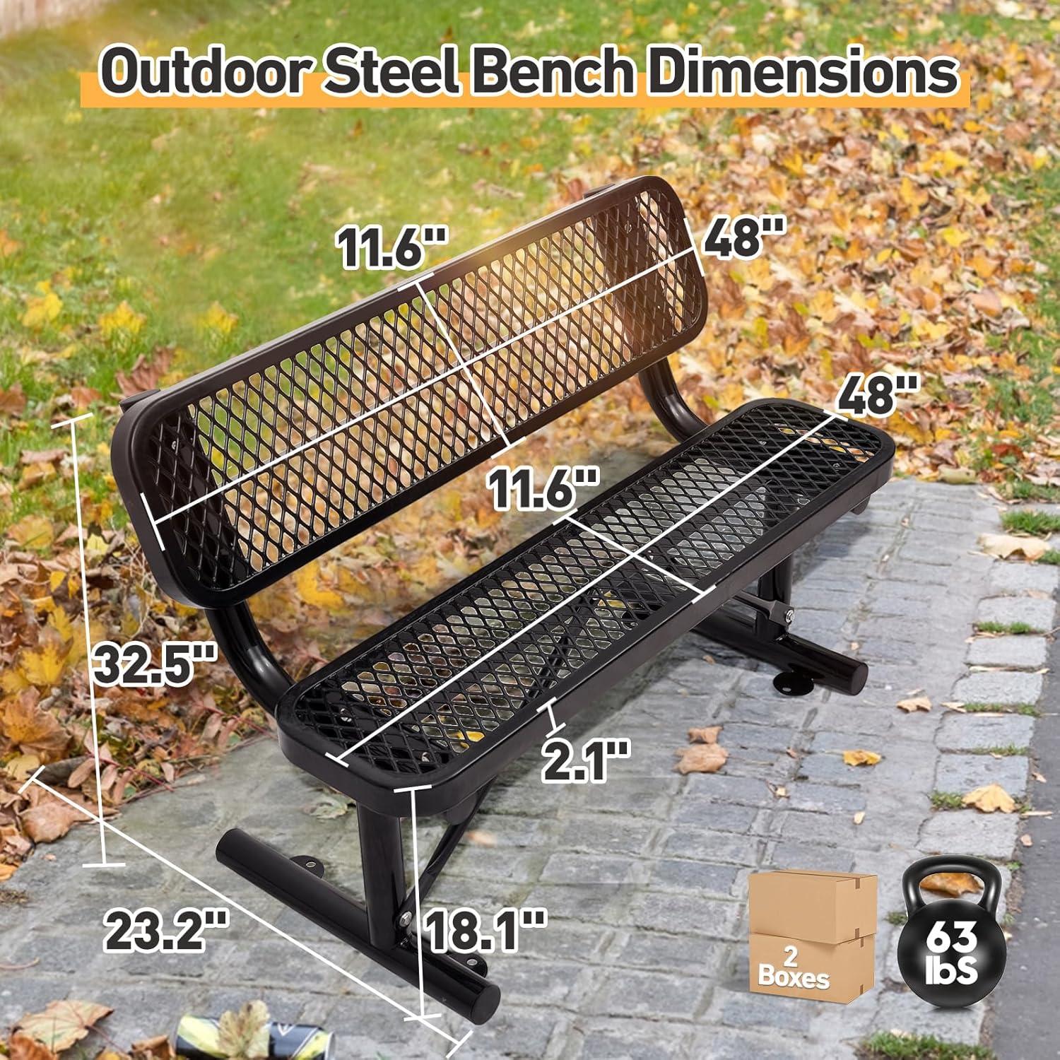 4 ft. Outdoor Steel Bench with Backrest & Expanded Metal - Black