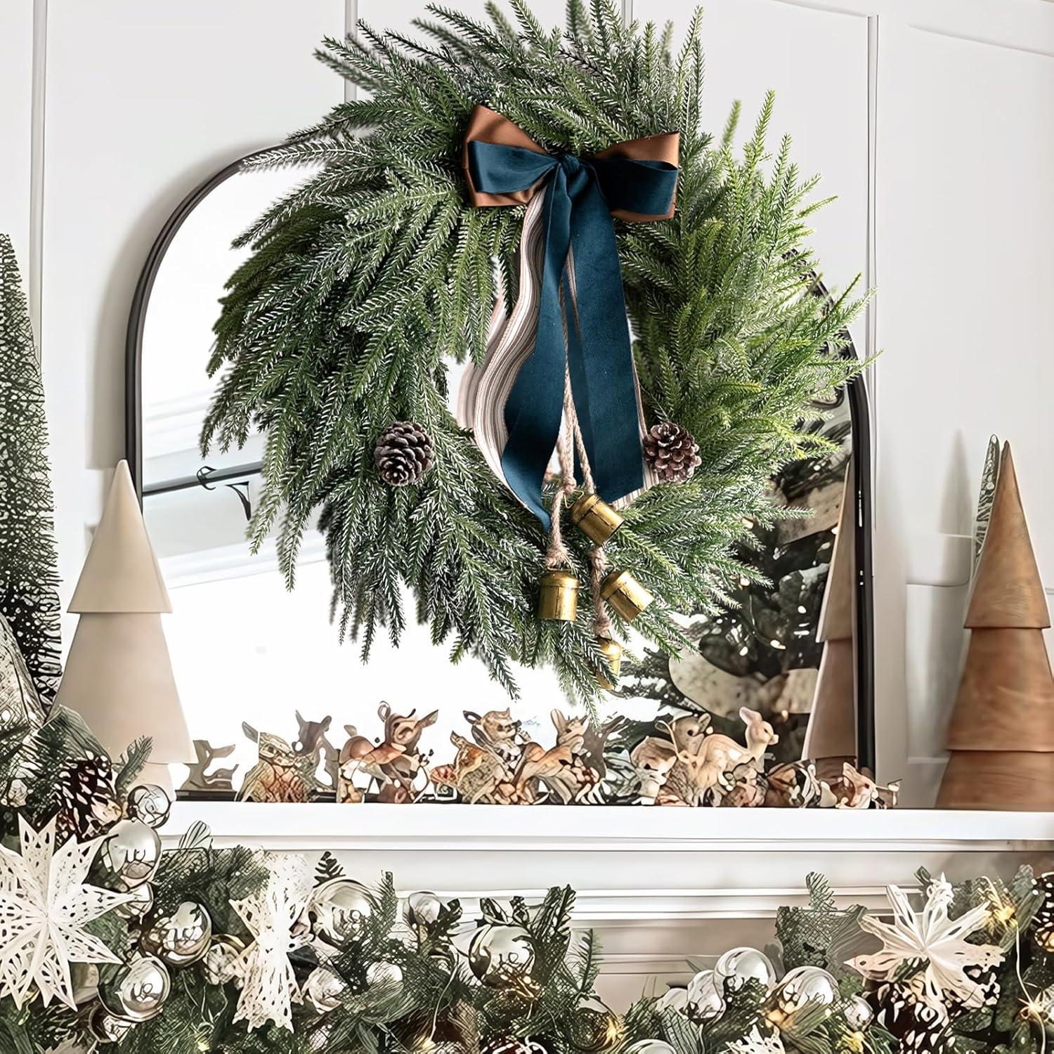 Christmas Decorations - 18 Inch Norfolk Pine Wreath With Bells And Ribbon - Artificial Pine Greenery Wreath For Home Table Wall Window Indoor Outdoor Outside Decoration