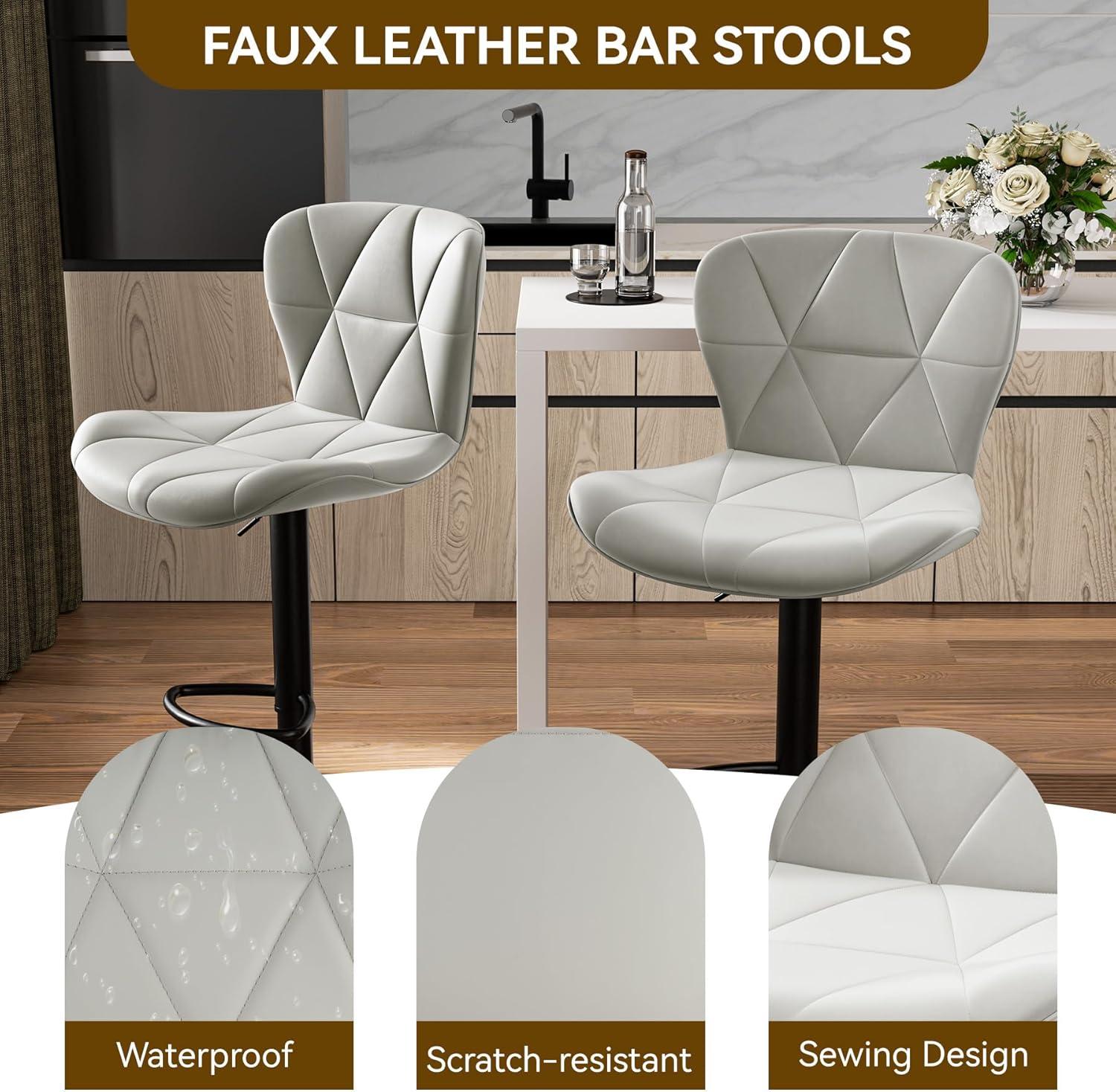 Modern Bar Stools Set of 2, Adjustable Faux Leather Upholstered Swivel Counter Stools, Light Grey