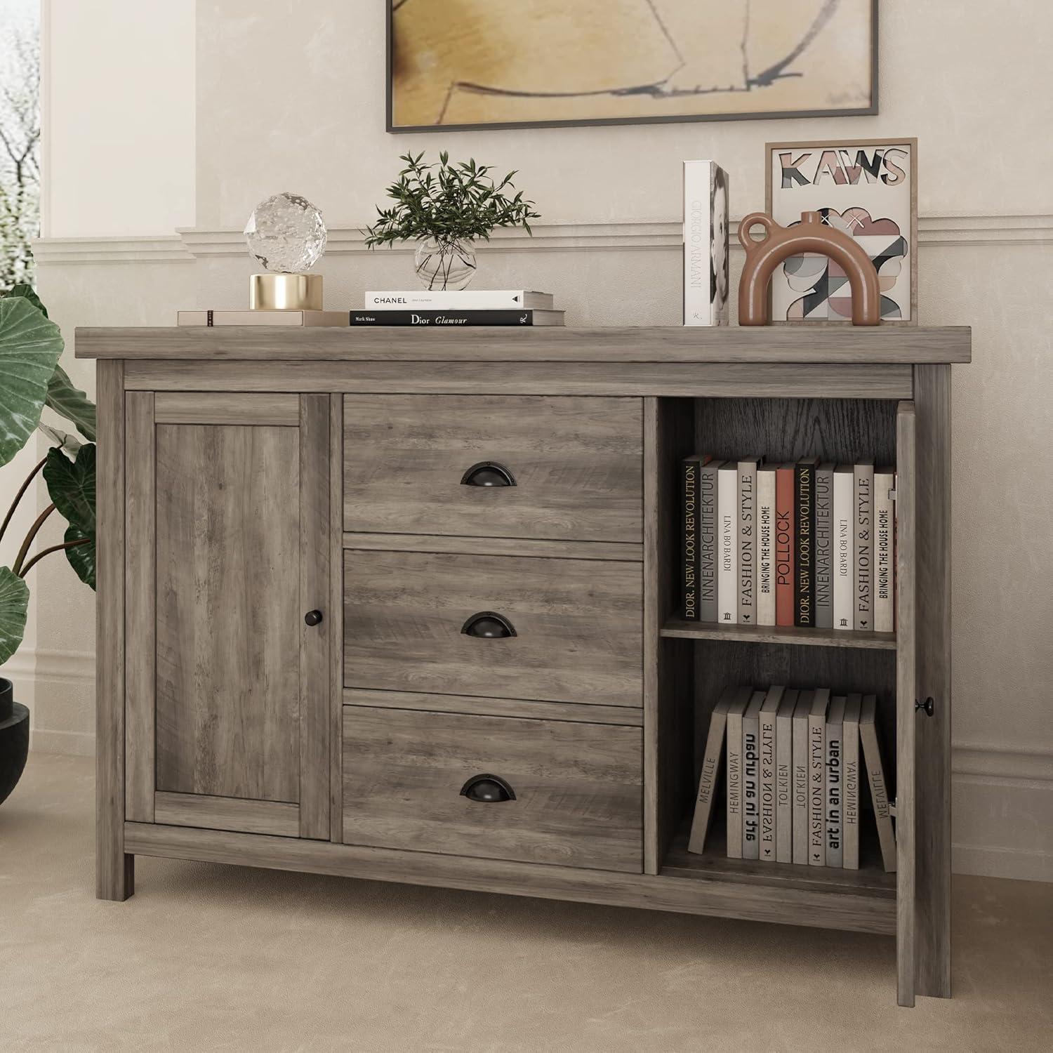 Grey Wash Farmhouse Rustic Kitchen Storage Sideboard with Adjustable Shelves