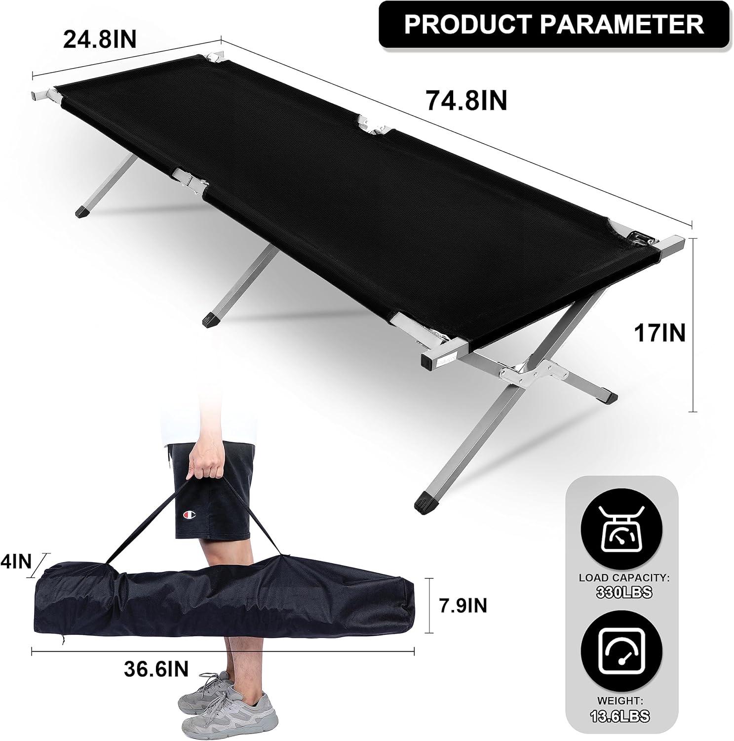 Black Foldable X-Shape Camping Cot with Storage Bag