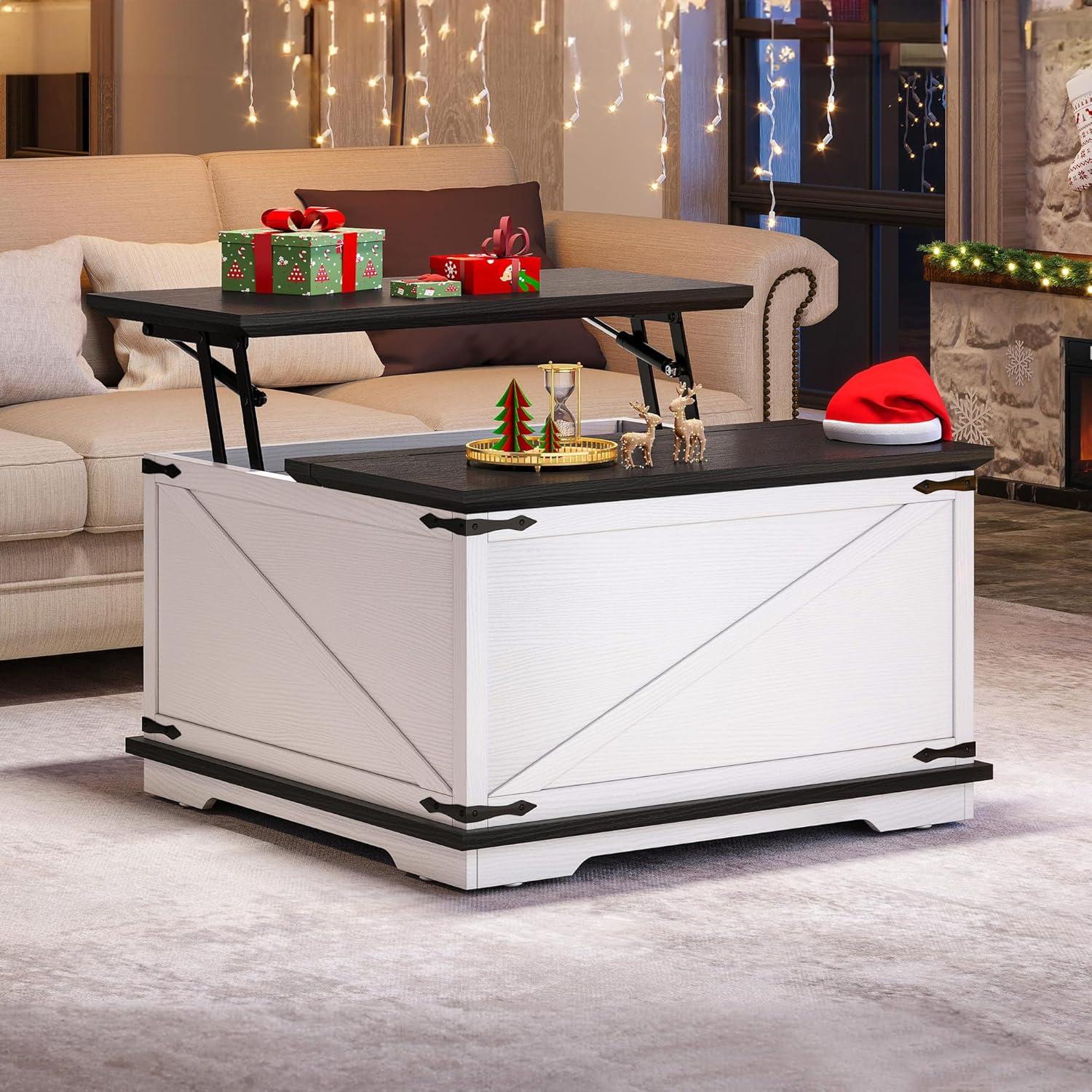 White Square Lift-Top Coffee Table with Hidden Storage