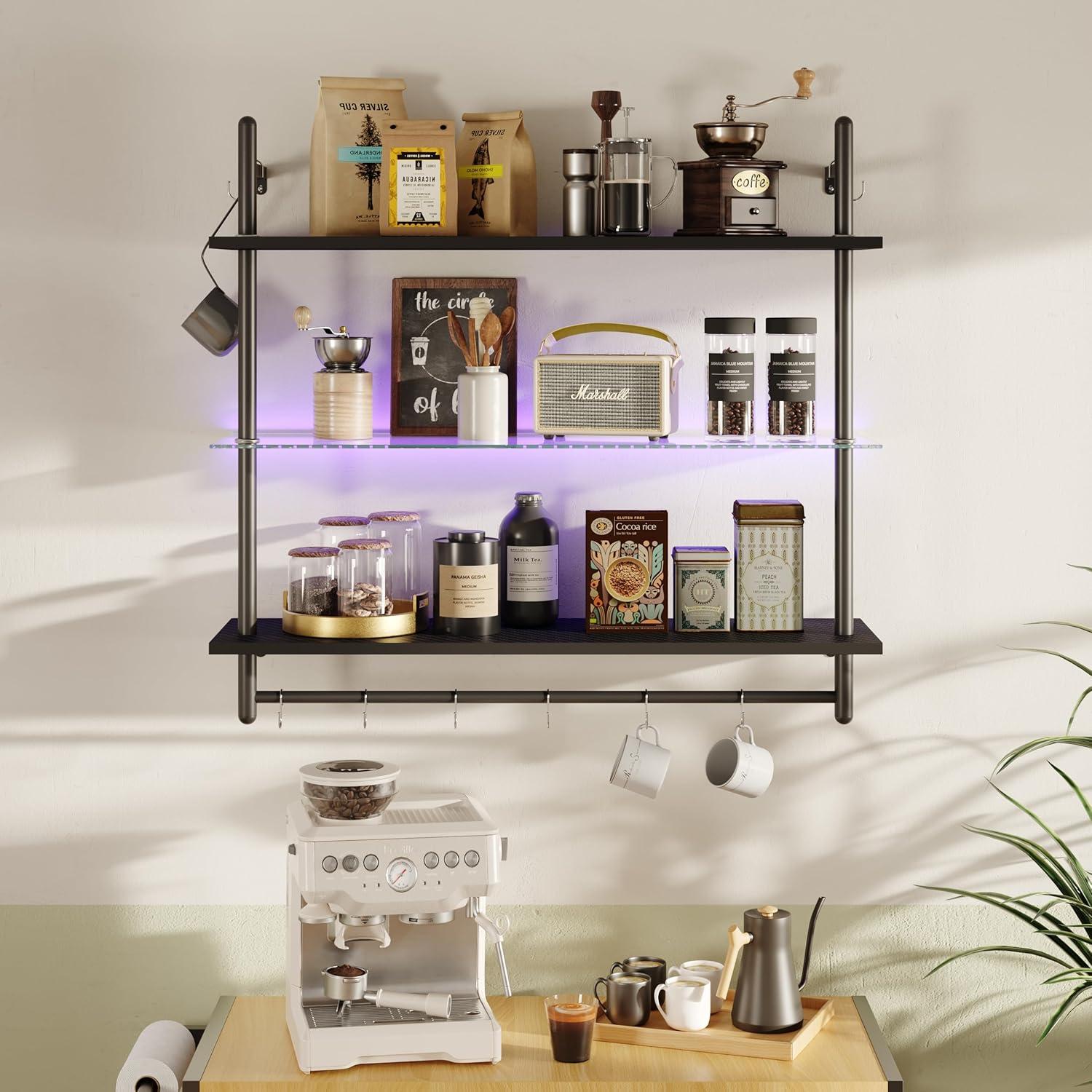 Bestier Gaming LED Floating Shelves for Wall, 41" Wall Mounted Shelf Pipe Glass Shelves, 3 Tier Hanging Display Rack with 8 S-Hooks Towel Bar, Kitchen Gaming Room Wall Decor, Carbon Fiber Black