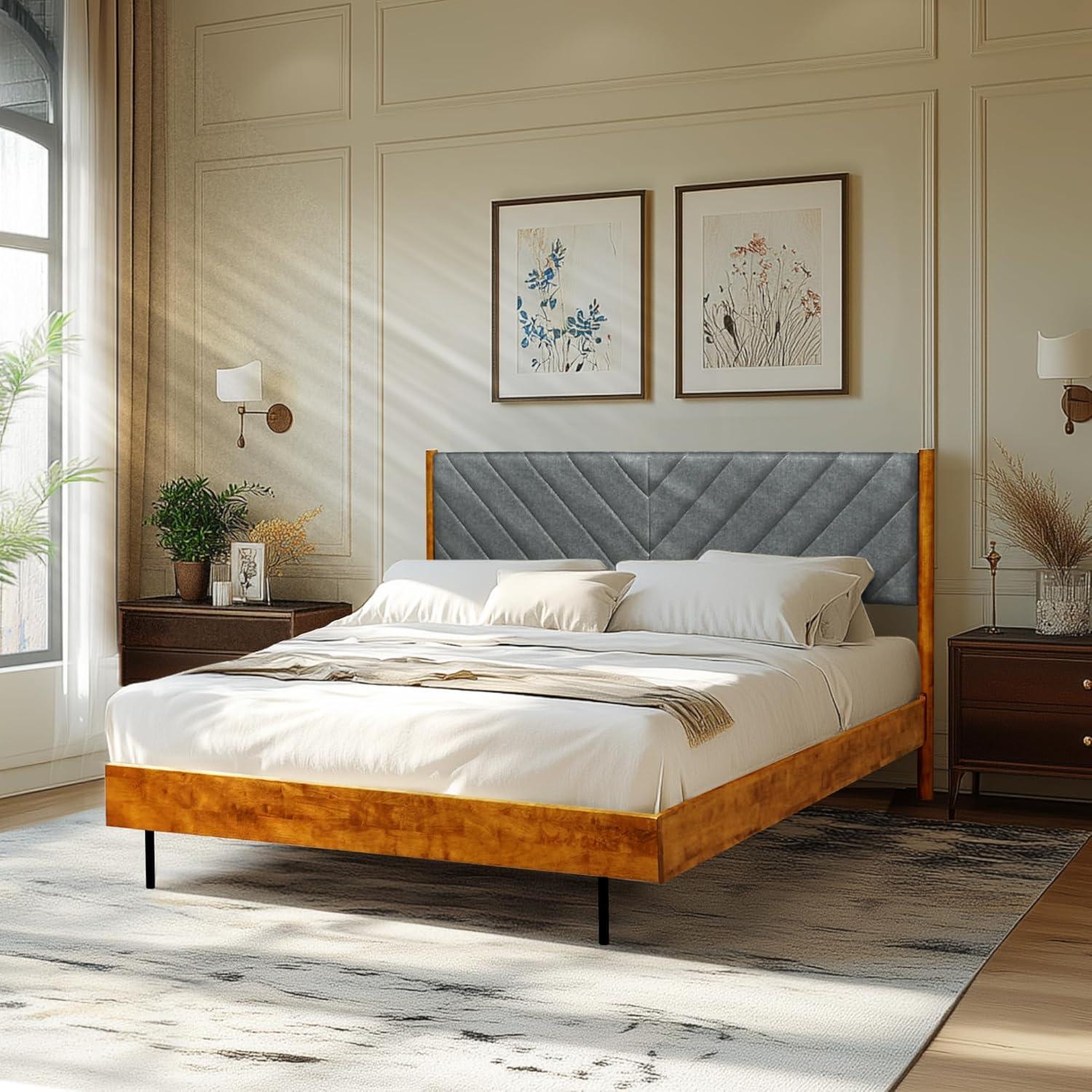 Caramel Solid Wood Queen Bed Frame with Gray Upholstered Headboard