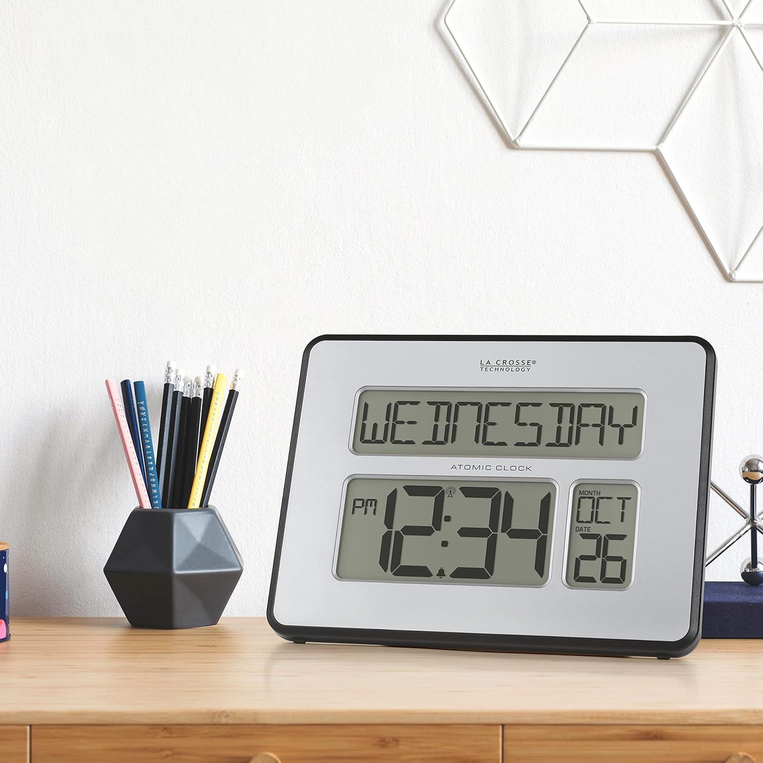 Silver Metallic Digital Atomic Wall Clock with Calendar