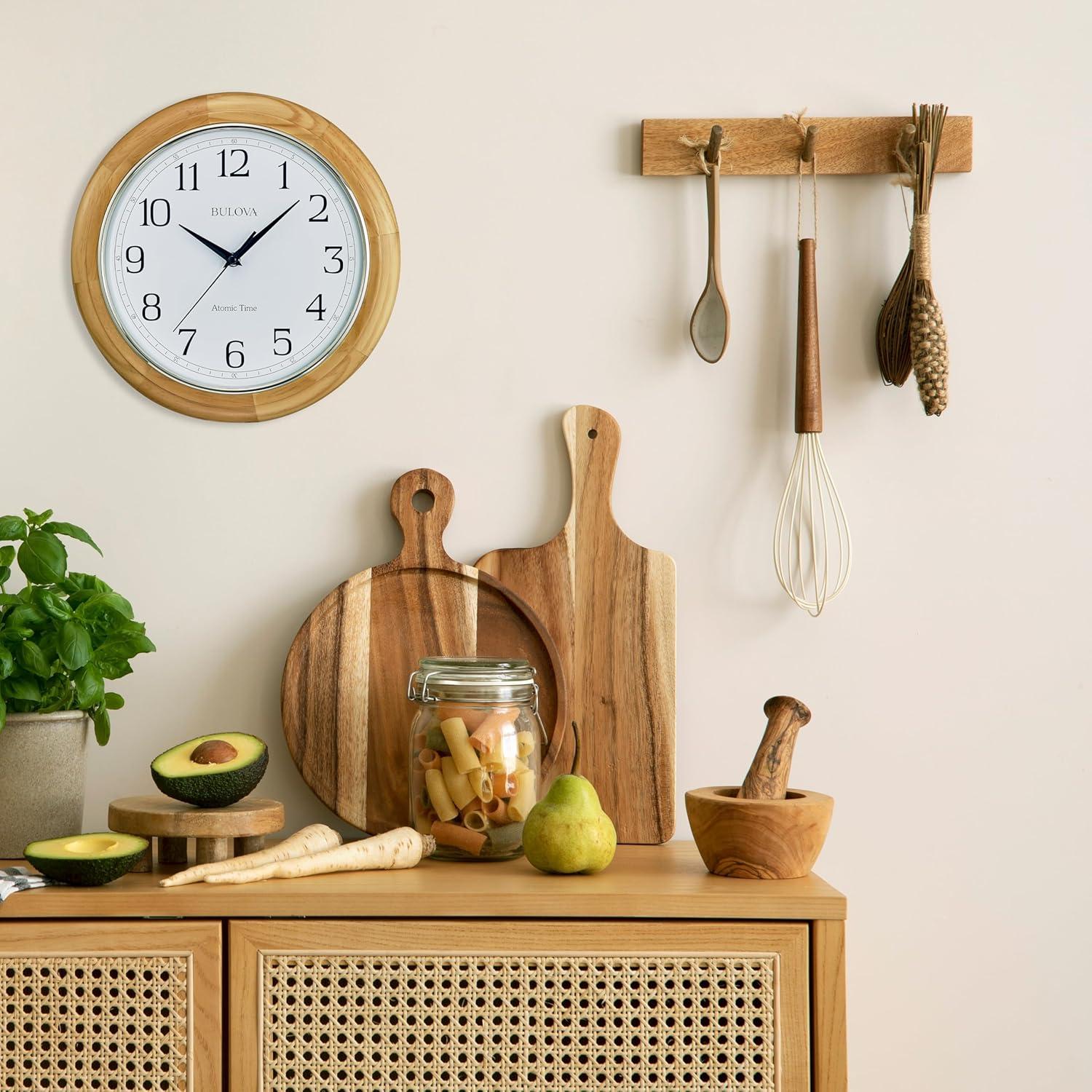 Bulova Wooden Atomic analog wall clock, C5005 Atomic Time 2, sets automatically, quartz battery.