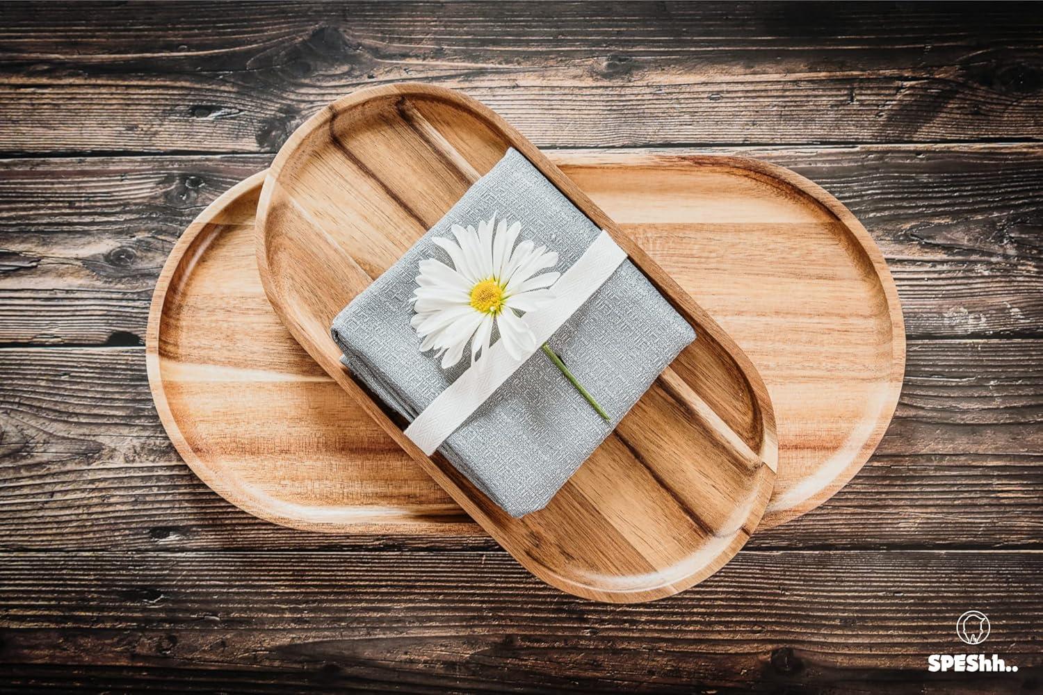 Handcrafted Acacia Wood Rectangular and Oval Serving Trays Set