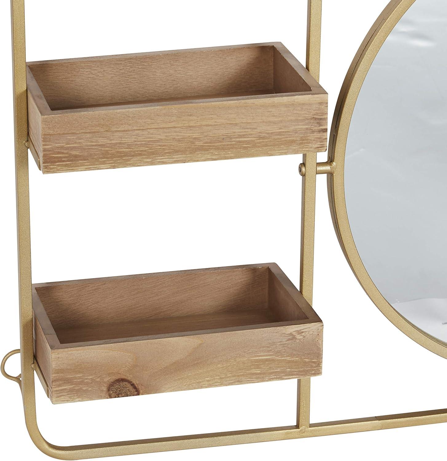 DecMode 29" x 6" 2-Tier Gold Wall Shelf with Round Mirror