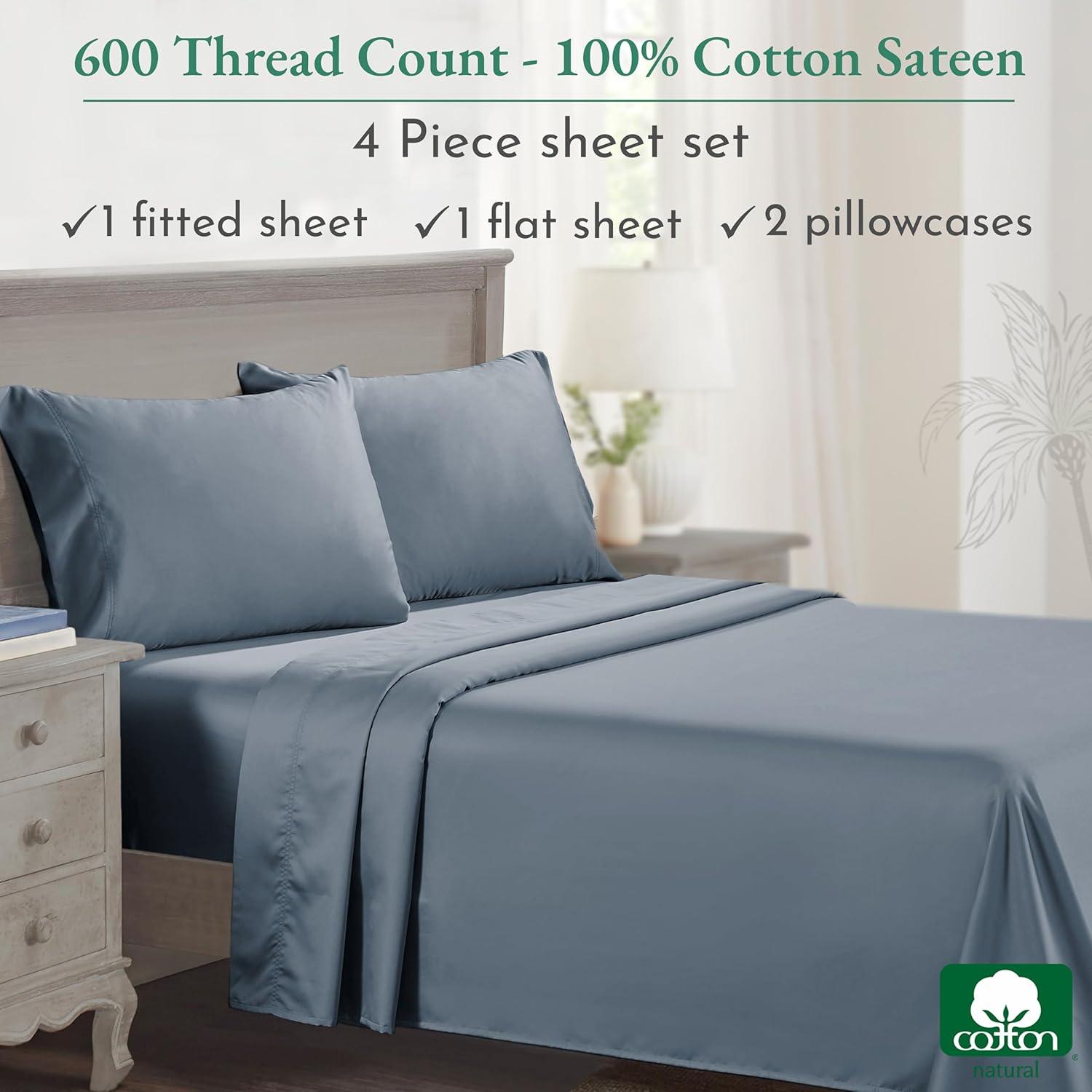 5-Star Luxury Sheet Set, 600 Thread Count 100% Cotton Sateen, Soft & Crisp Bed Sheets with Deep Pockets by California Design Den - Pastel Blue, Queen