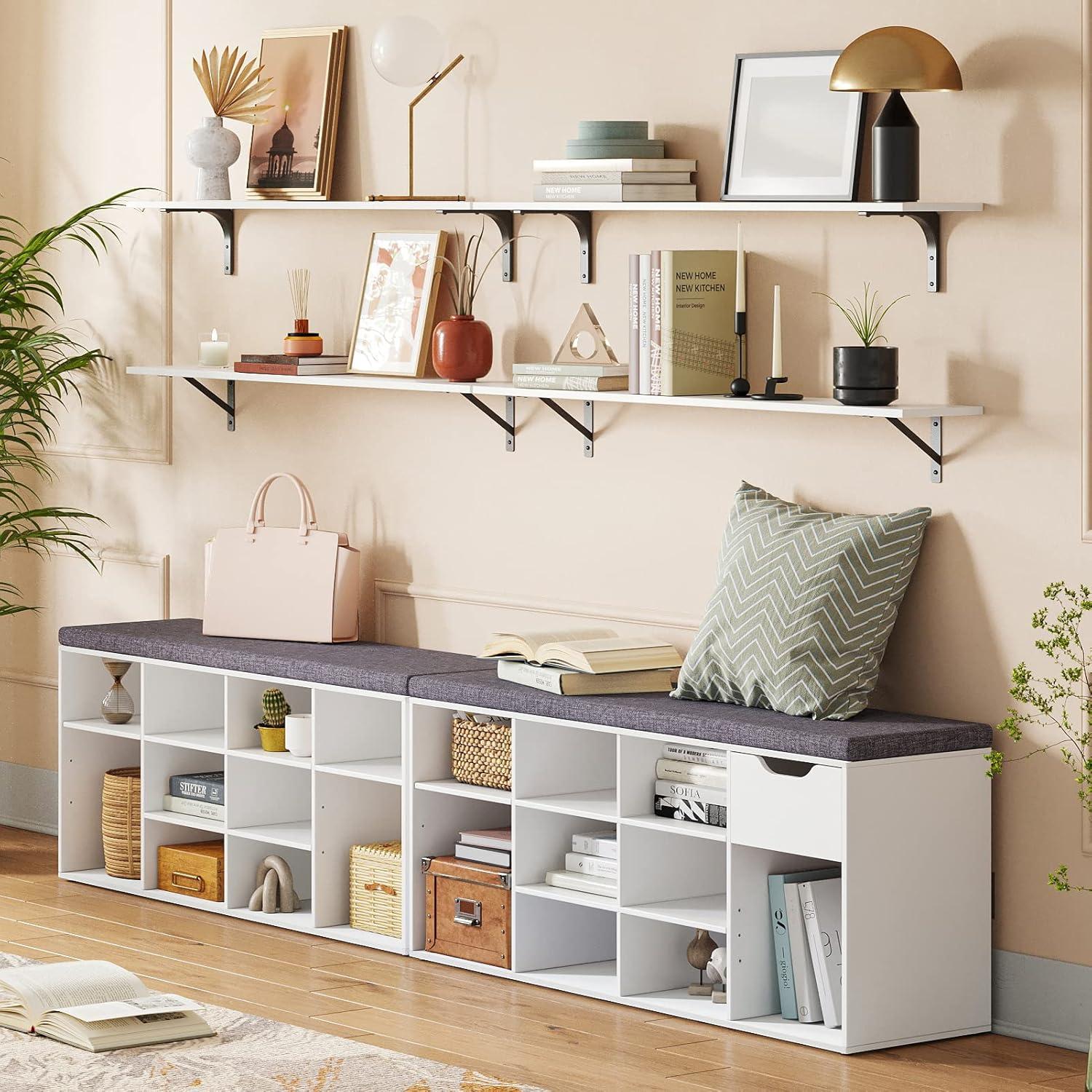 White Particleboard Shoe Storage Bench with Gray Cushion and 12 Cubbies