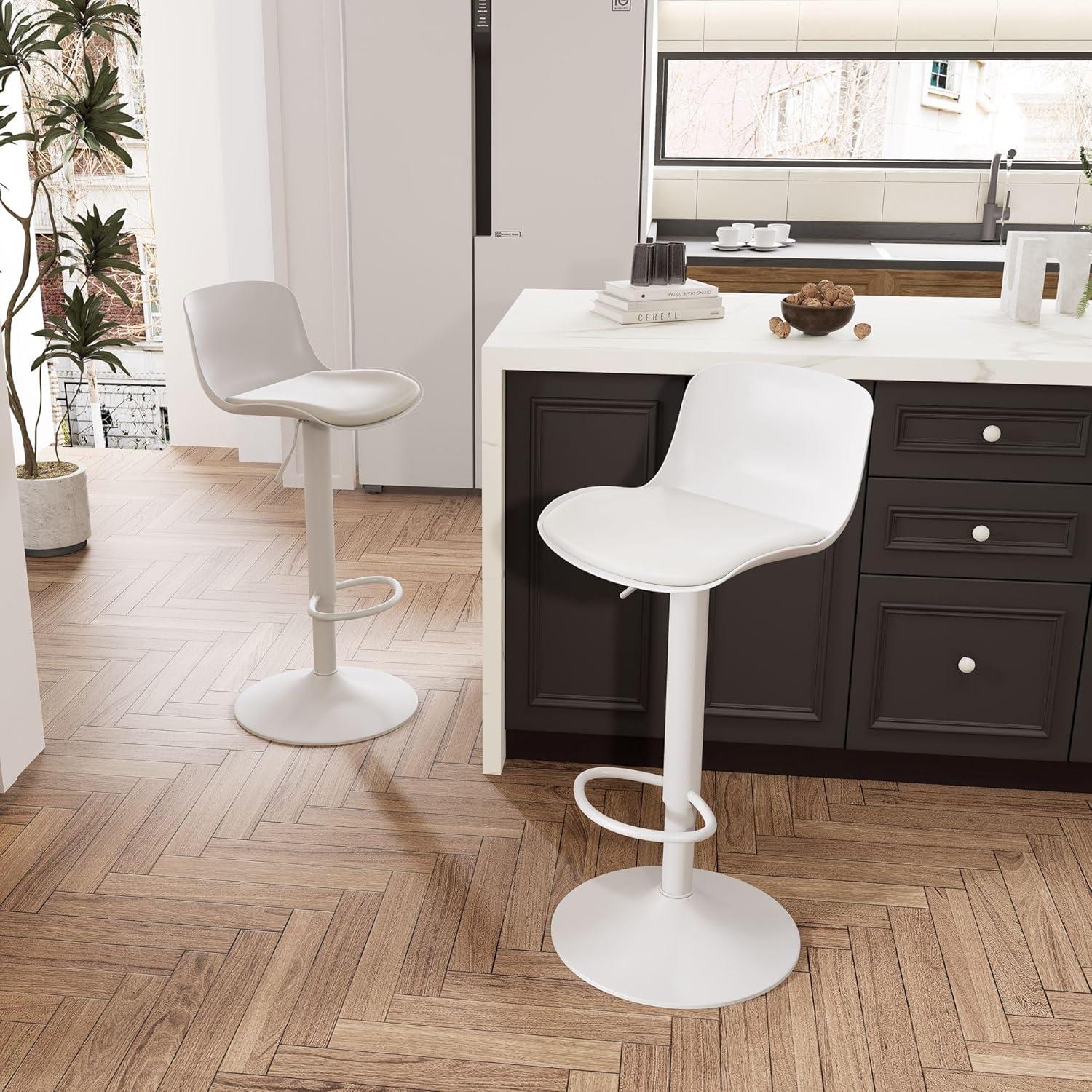 Height Adjustable Swivel PP Bar Stool with PU Padded Seat, White, Set of 2