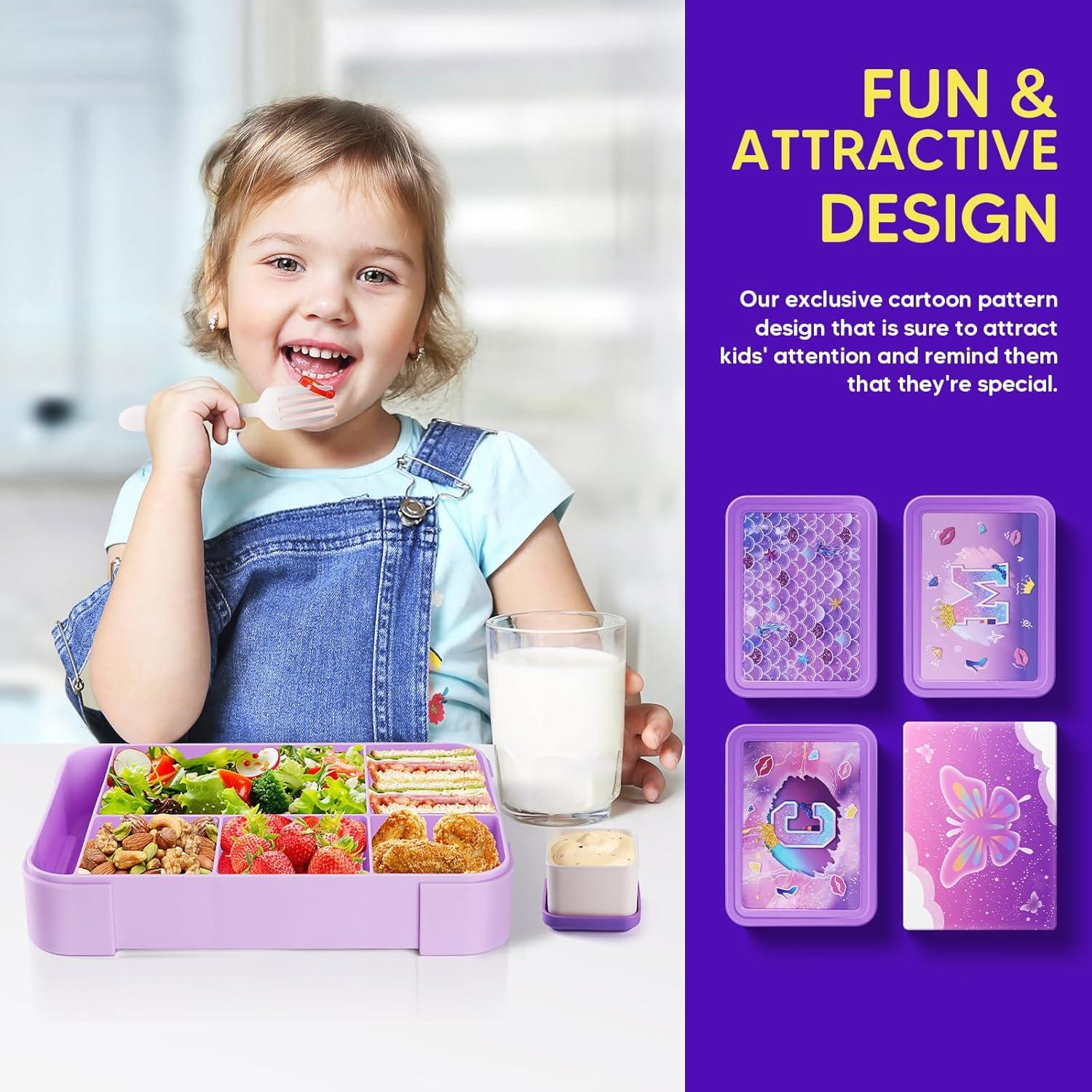 JYPS Bento Box for Kids,Leak-Proof Kids Lunch Box with 6 Compartments,Sauce Container,Utensils,BPA Free Microwave/Dishwasher Safe Lunch Container for Girls and Toddlers Back to School-Purple Mermaid