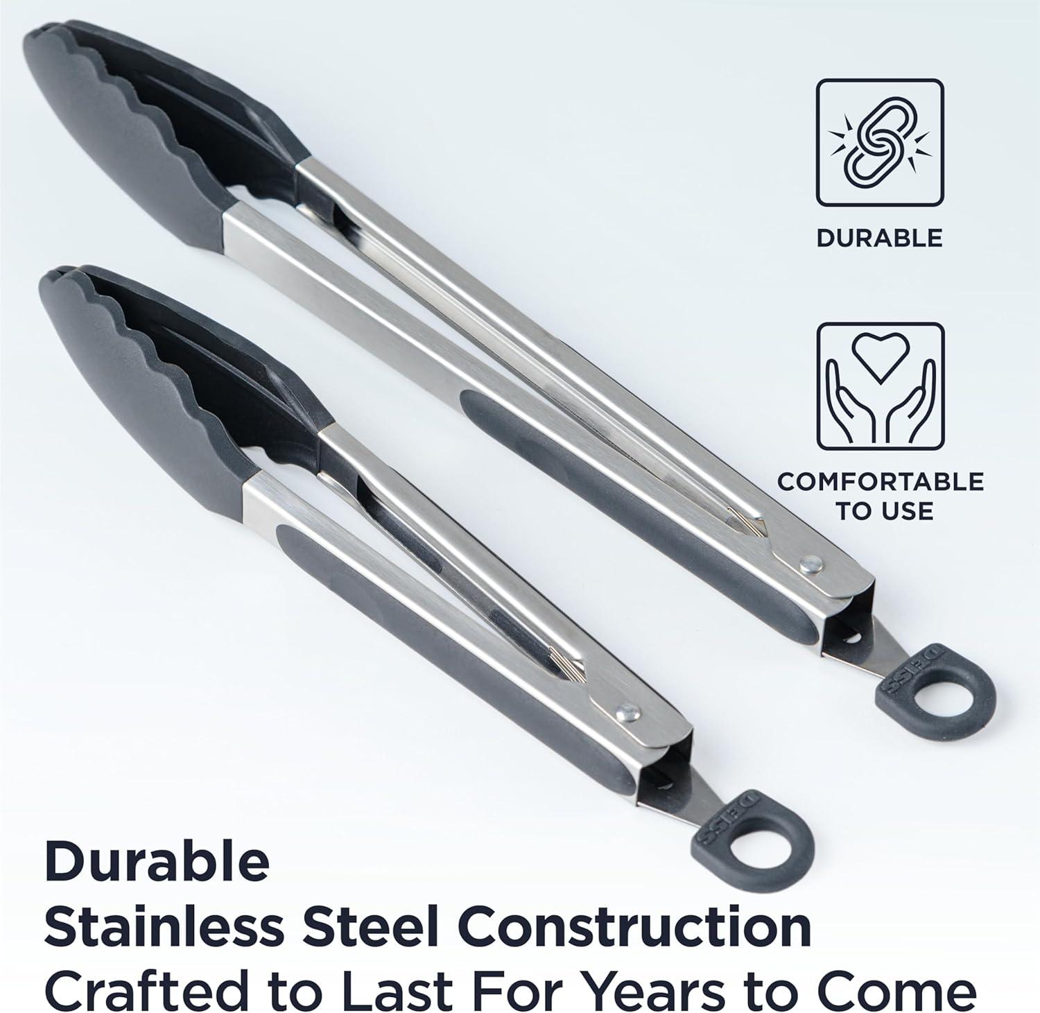 DEISS Deiss Pro 2-Piece Kitchen Tongs with Heat Resistant Silicone Tips for Cooking, BBQ - 9'' and 12'' (Set of 2)