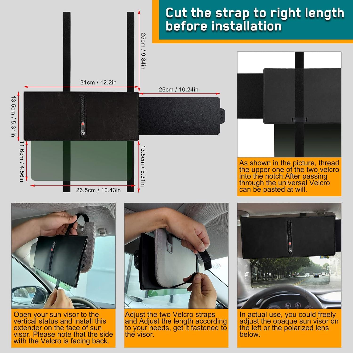 Car Visor Extender, Polarized Sun Visor Extender with Zipper, One Pull Down Sunshade & One Side Shade Sun Block Piece for Protection from Sun Glare, UV Rays, Universal for Most Cars (2 Pack)