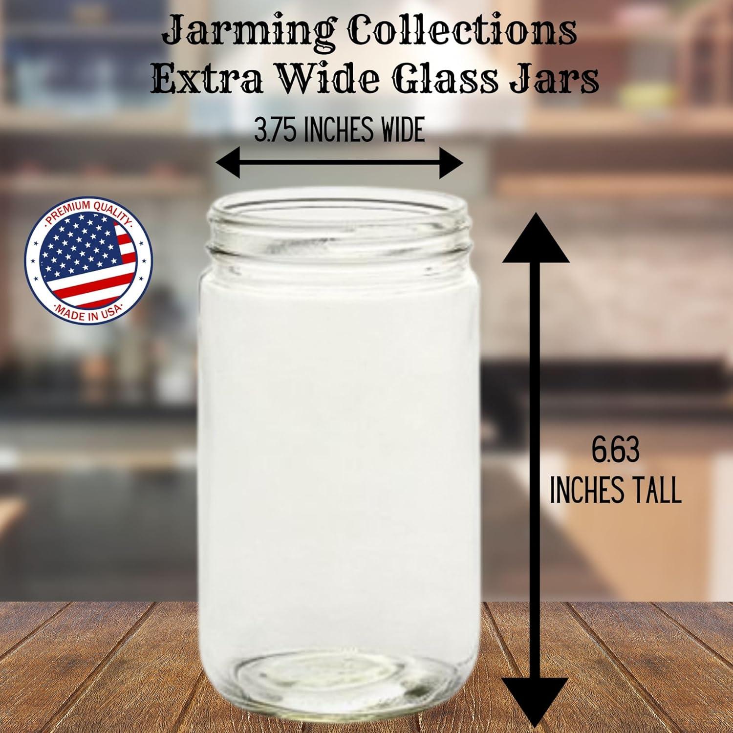 Jarming Collections 16oz Wide Mouth Glass Storage Jars – Extra-Wide Opening with BPA-Free Plastic Lids for Easy Filling, Food Storage, Pantry Organization & Canning Storage – Made in USA  (Set of 2)