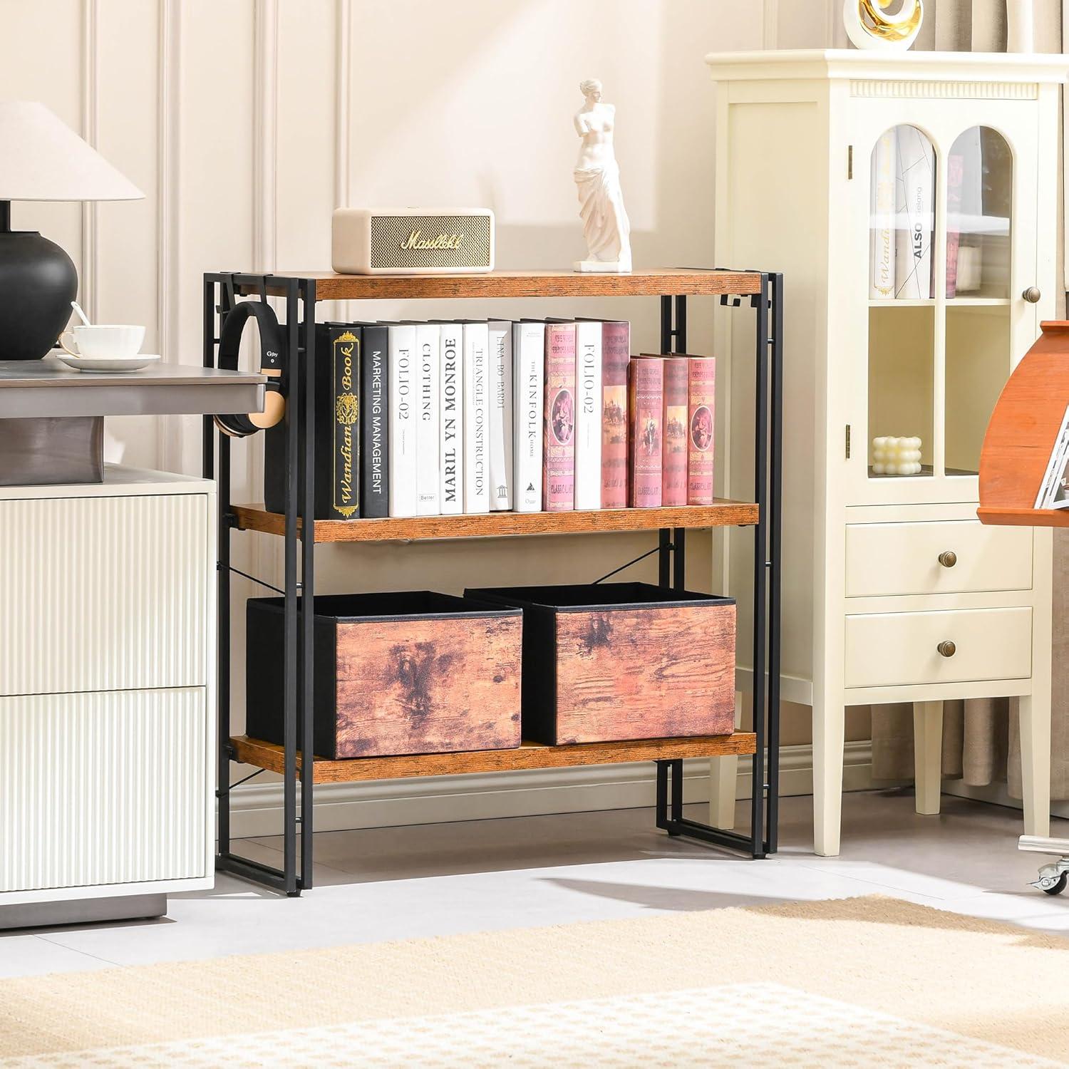 Rustic Brown 3-Tier Wood and Metal Industrial Bookshelf