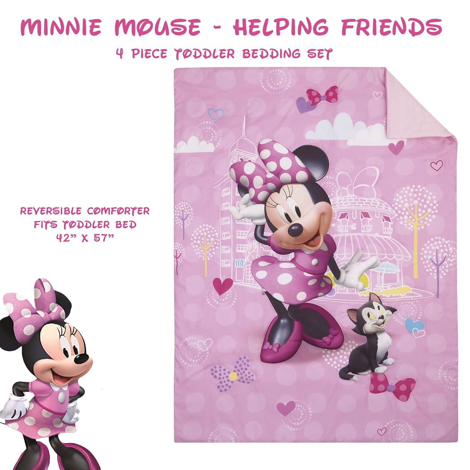 Disney Minnie Mouse 4 Piece Bedding Sets, Toddler Bed with Comforter, Fitted Sheet, Flat Top Sheet, Pillowcase