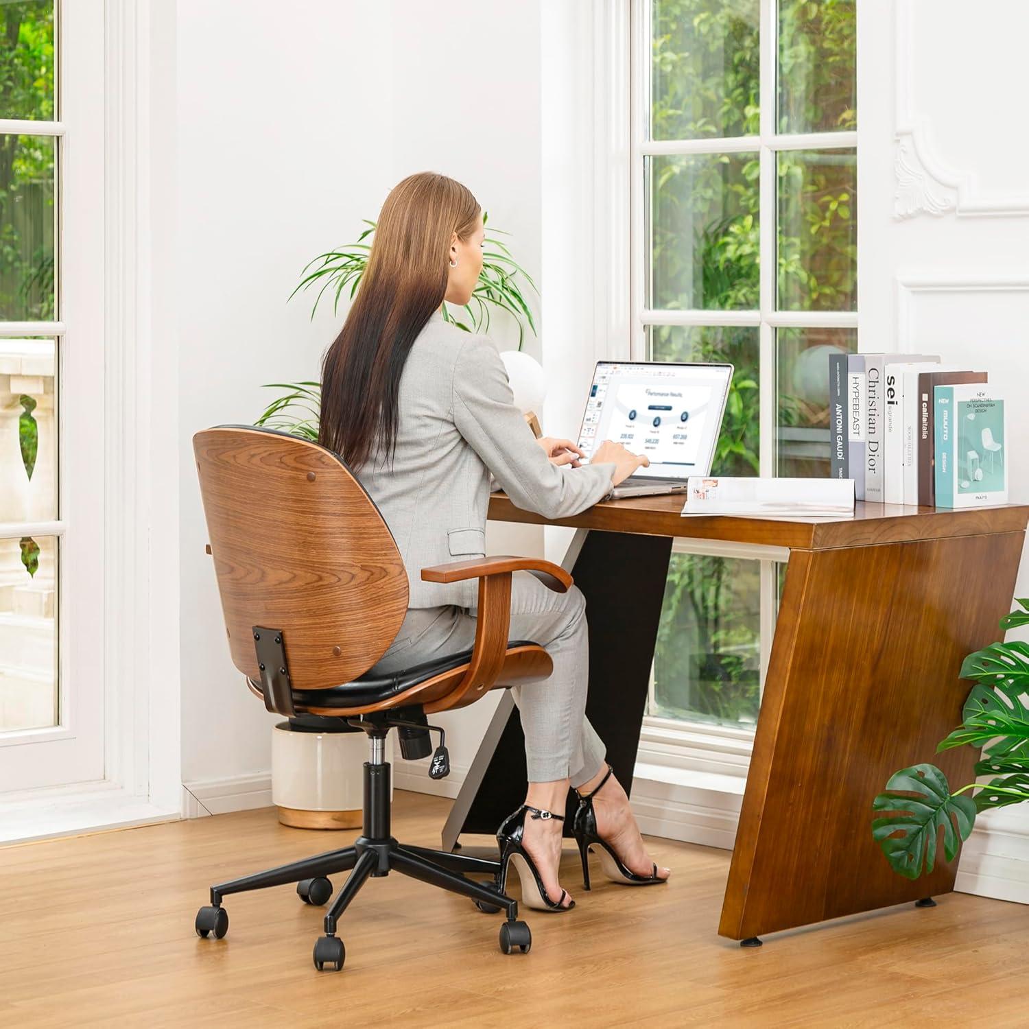 Glitzhome Leather Home Office Chair with Arm, Mid-Back Adjustable Executive Swivel Desk Task Chair,Beige