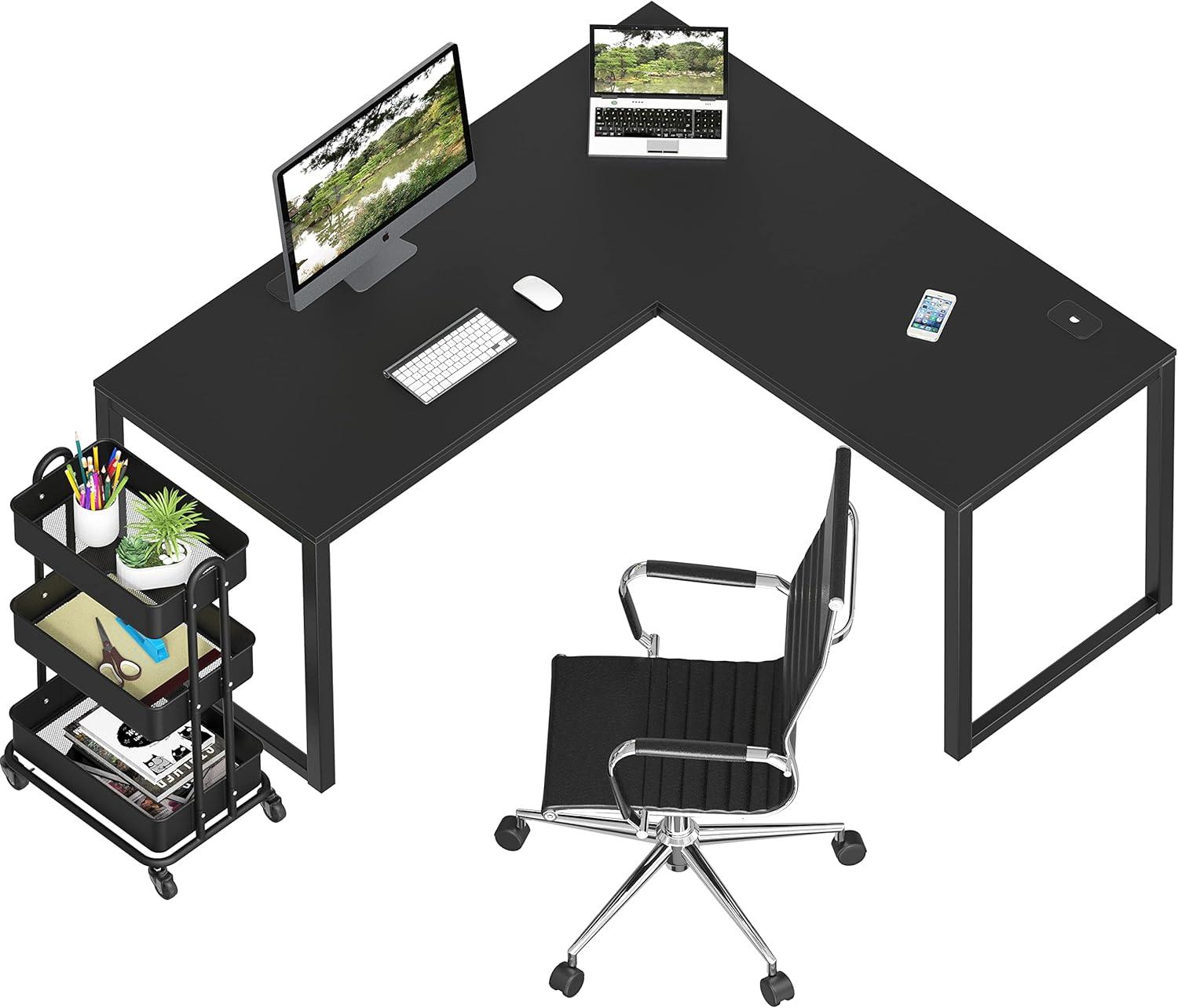 Black Adjustable Height L-Shaped Computer Desk with Drawers