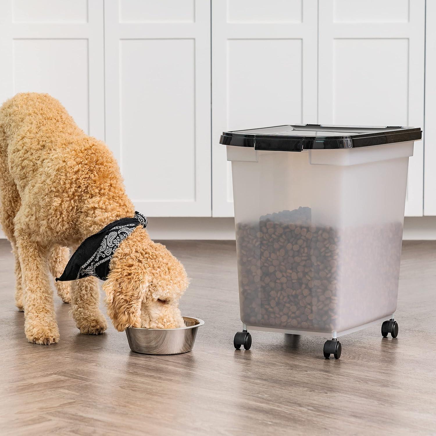 IRIS USA Airtight Dog Food Storage Container, WeatherPro, Up to 50 lbs, Removable Wheels, for Dog Cat Bird and Other Pet Food Storage Bin, Keep Fresh, Translucent Body, Made in USA, Clear/Black