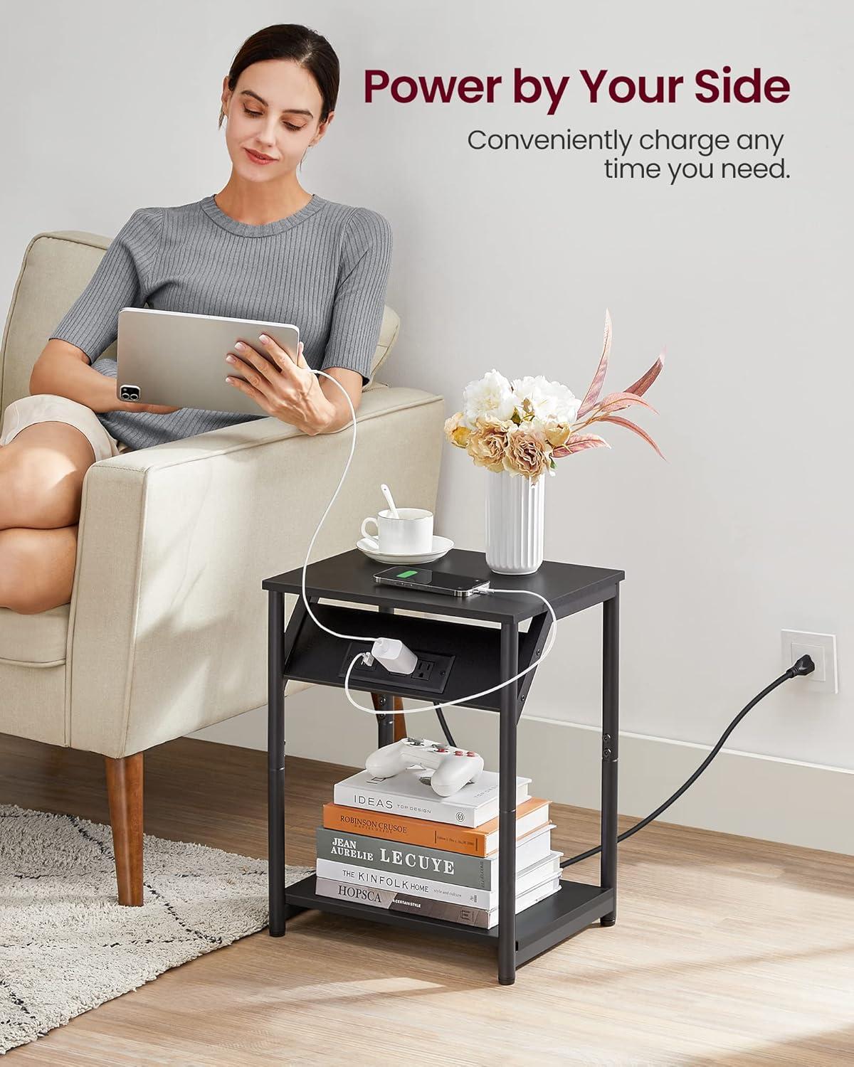 Black Metal Rectangular End Tables with Charging Station, Set of 2