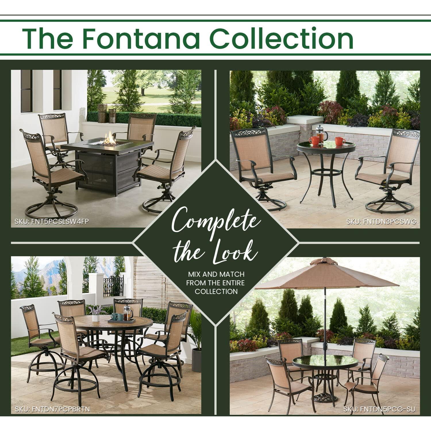 Hanover Fontana 7-Piece Outdoor Dining Set with 2 Sling Swivel Rockers, 4 Sling Chairs, and a 38-In. x 72-In. Cast-Top Table