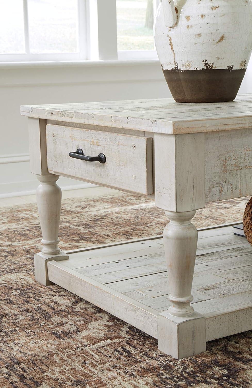 Shawnalore Rectangular Cocktail Table White Wash - Signature Design by Ashley: Solid Pine, Farmhouse Style, Storage Shelf
