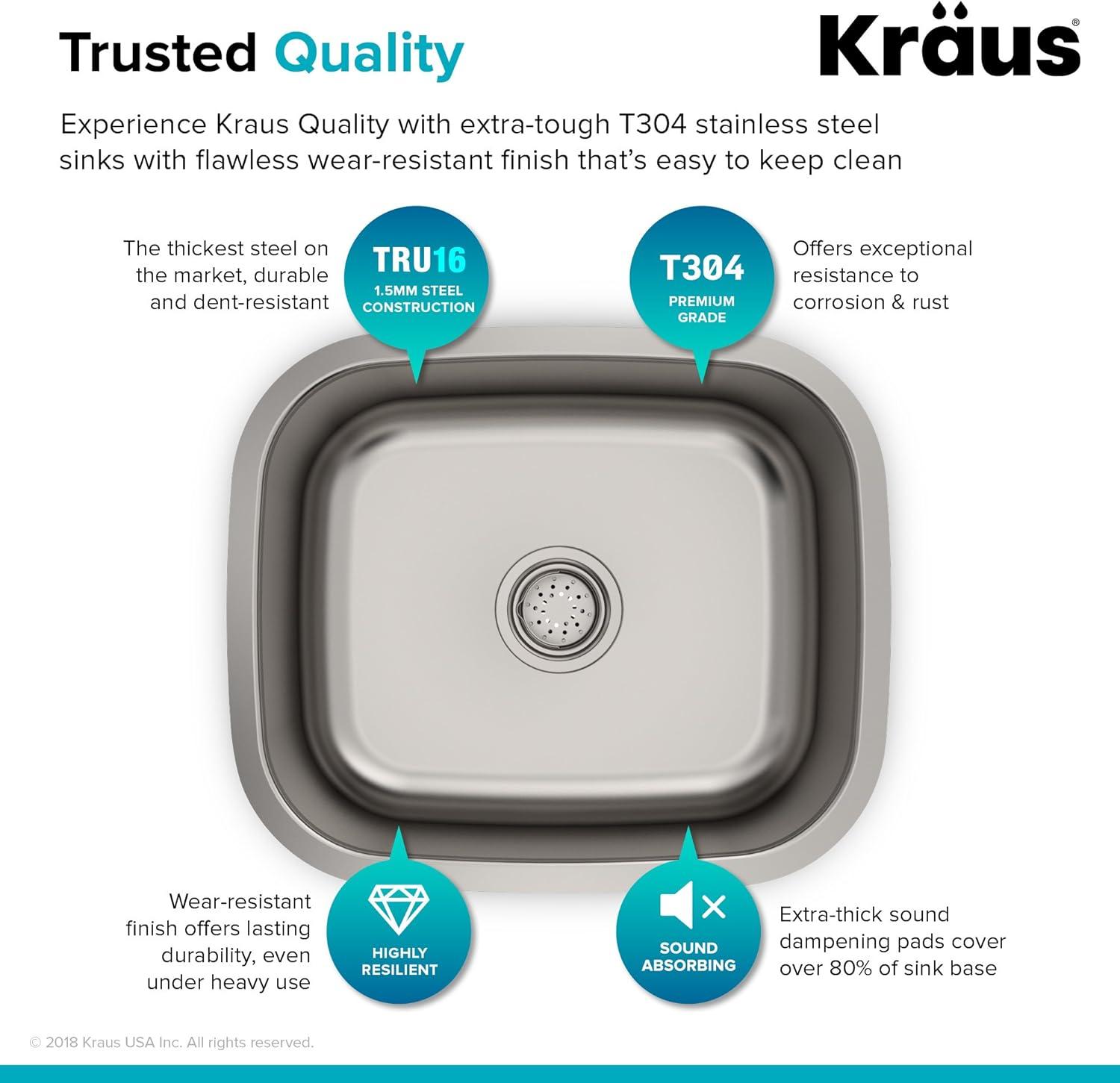 KRAUS Premier 16 Gauge Undermount Single Bowl Stainless Steel Kitchen Sink