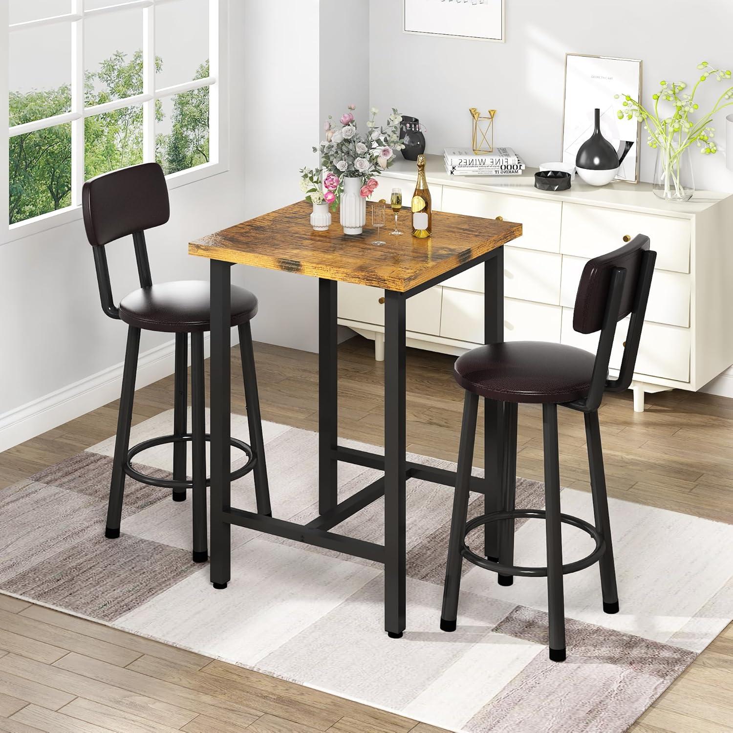 Recaceik 3 Piece Pub Dining Set, Modern Bar Table and Stools for 2 Kitchen Counter Height Wood Top Bistro Easy Assemble for Breakfast Nook Living Room Small Space Restaurant, Rustic Brown