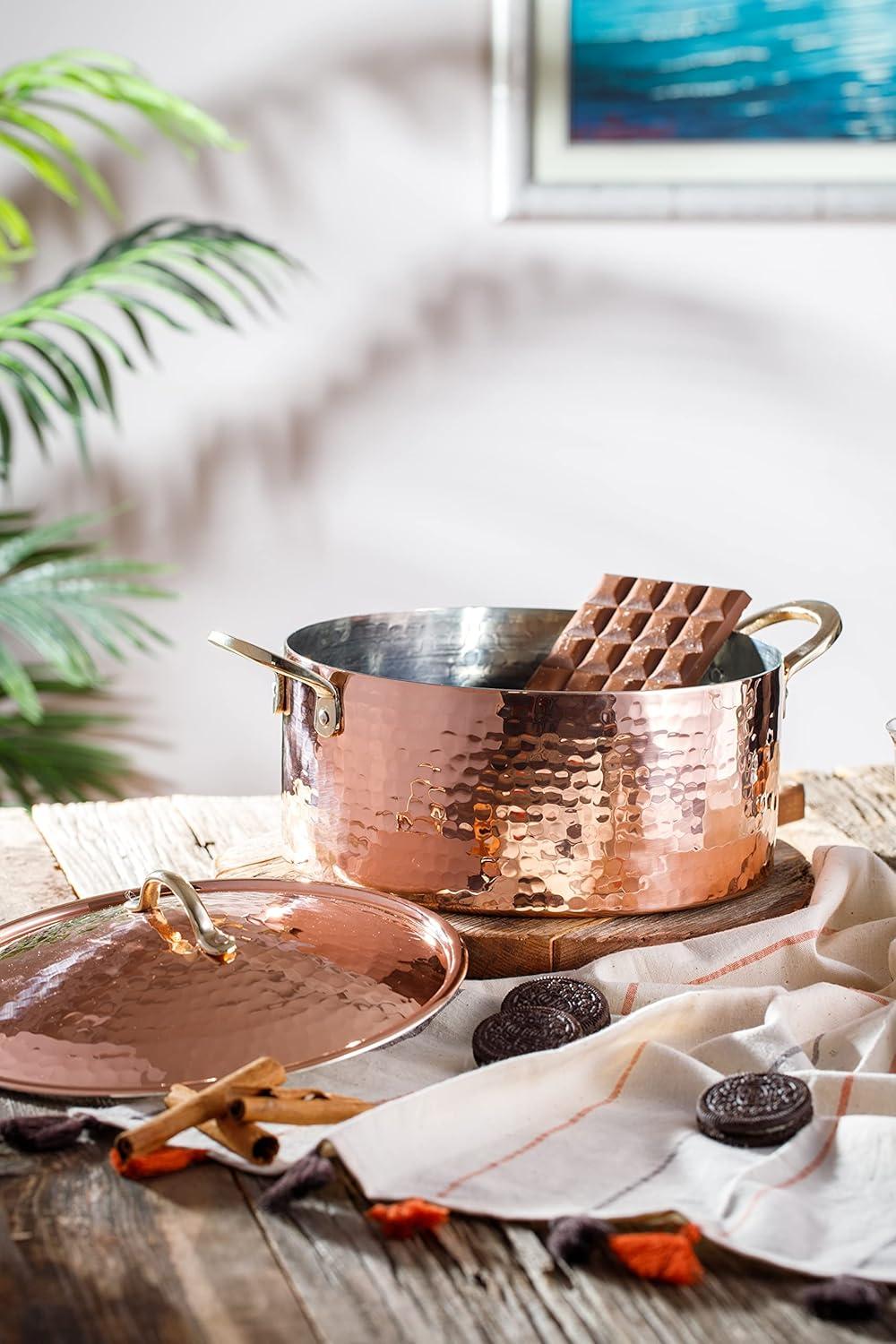 DEMMEX 1.2MM Thick Hammered Copper Soup Pot Casserole Pan Dish Dutch Oven, 4 Quarts (9" x 4")