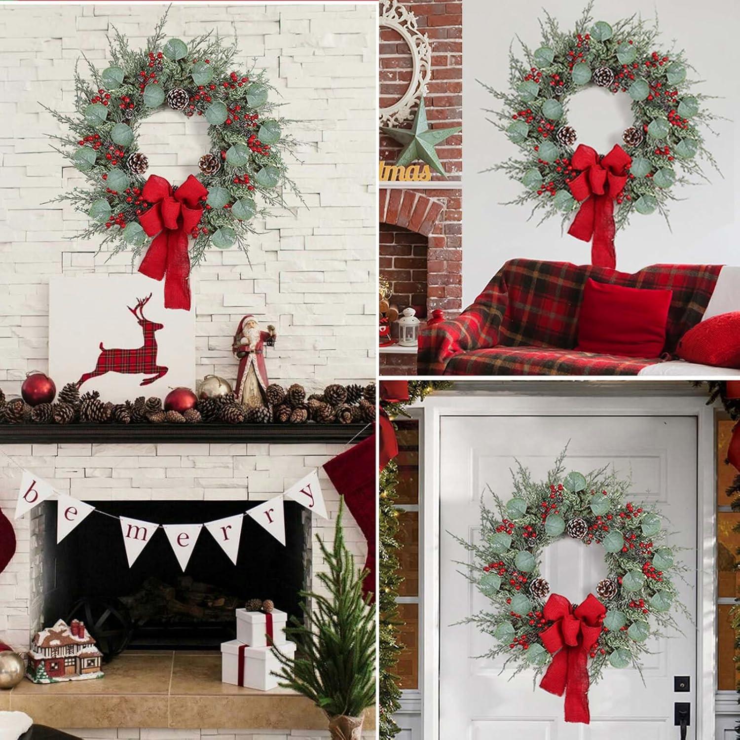 20 Inches Christmas Wreath,Artificial Christmas Wreaths For Front Door Christmas Grapevine Wreath With Pine Needles Pine Cones And Red Berries For Home Decor Christmas Winter Decorations