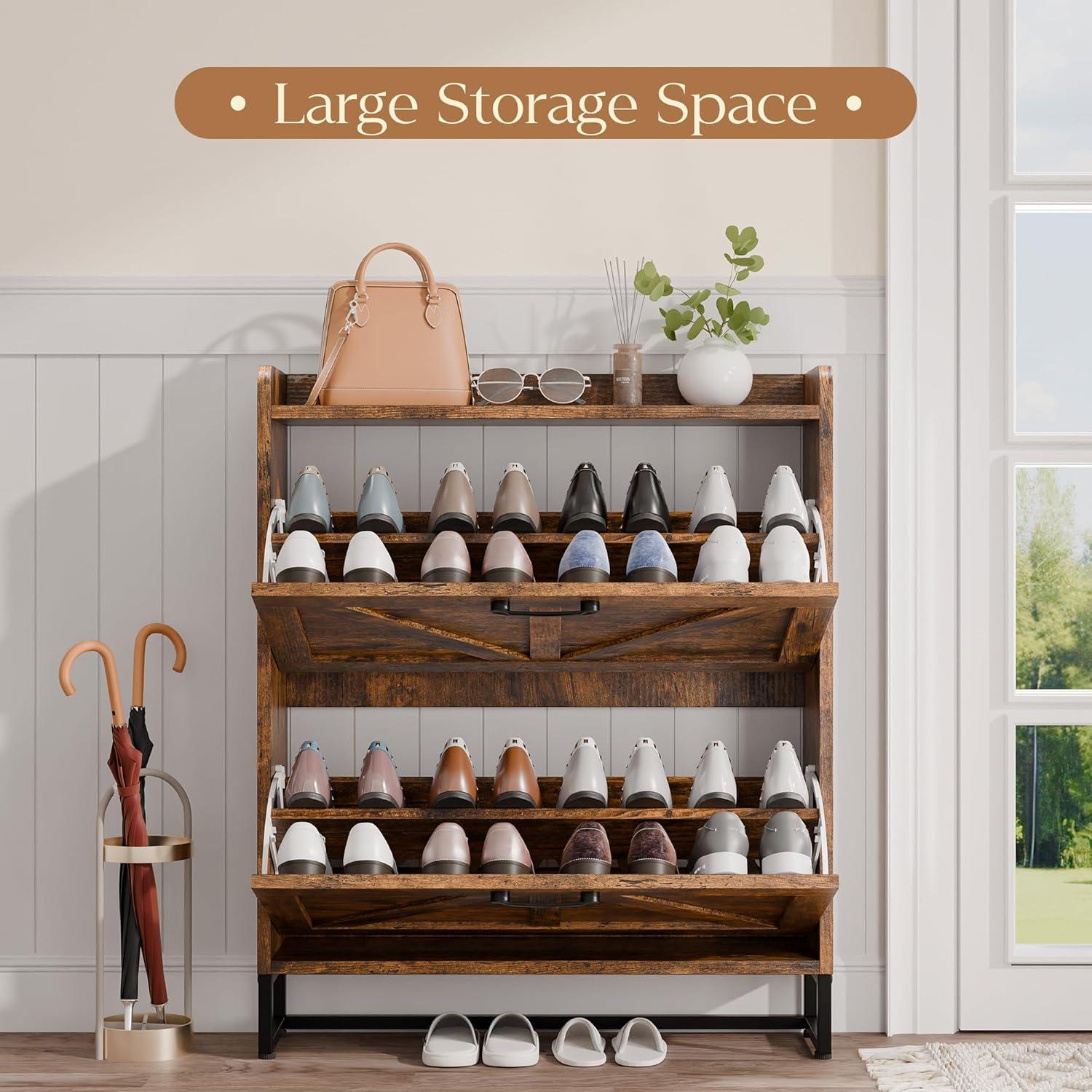 Clearance! BTMWAY Shoe Cabinet with 2 Flip Drawers, Narrow Shoe Storage Cabinet for Entryway, Freestanding Shoe Organizer with Metal Legs, Rustic Brown