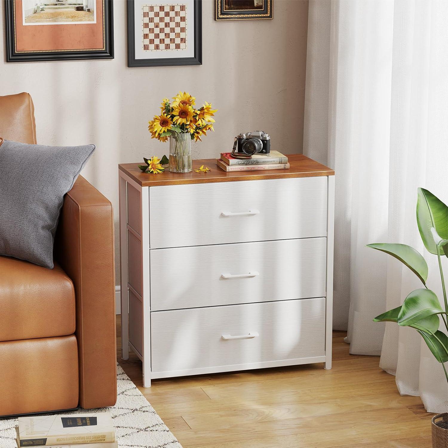 Nightstand,Farmhouse Night stand with 3 Storage Drawer,Small Dresser for Bedroom,Chest of Drawers Fabric Dressers with Steel Frame,Wooden Top Front Bedside Table for Small Space,White+walnut