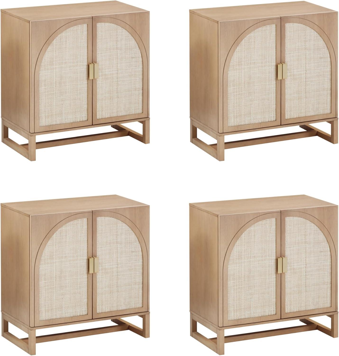 Nathan James Paxton Mid-Century Modern Wood Storage Cabinet with Doors, Arched Storage Cabinet for Living Room or Kitchen with Rattan Door Details, Raw Oak Set of 4