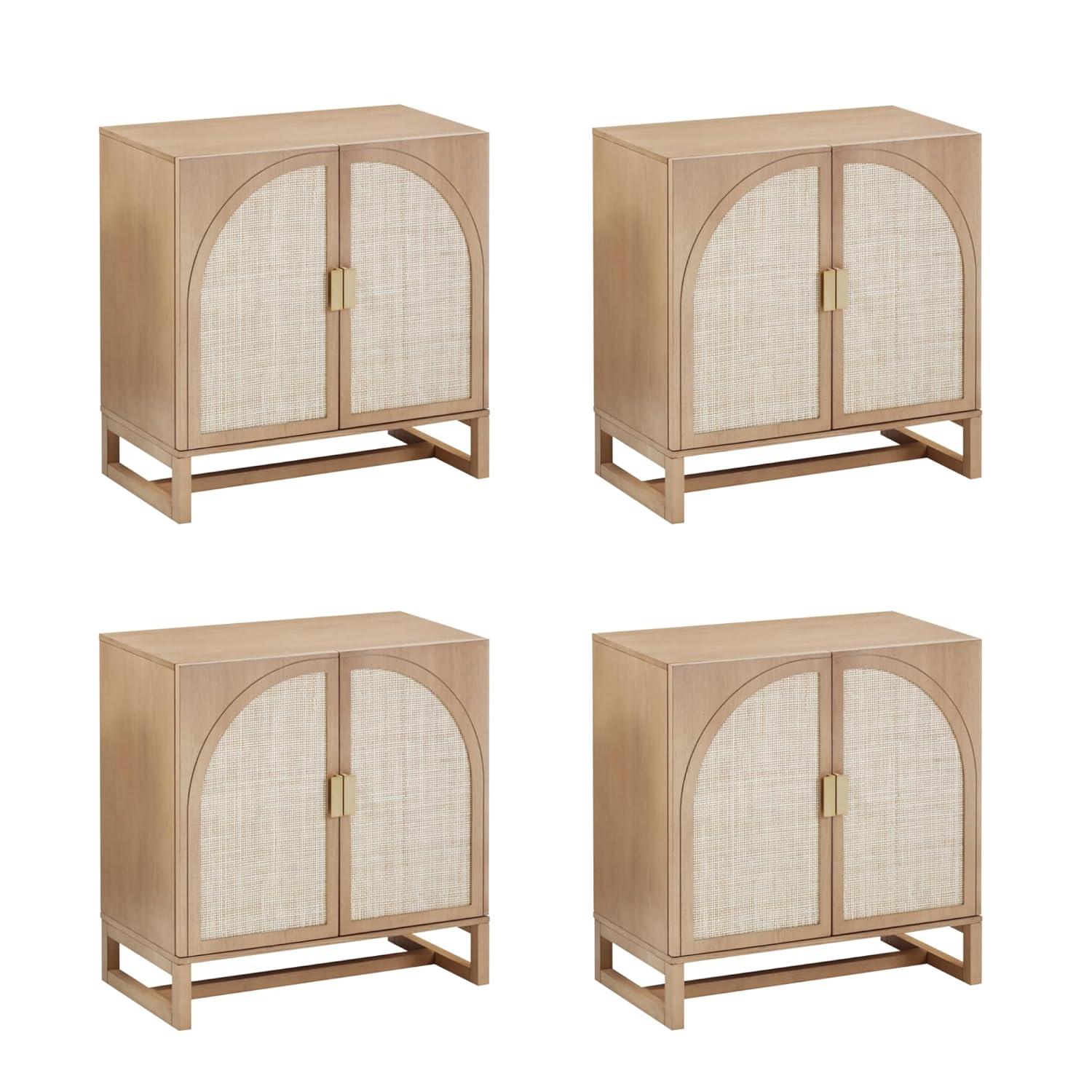 Nathan James Paxton Mid-Century Modern Wood Storage Cabinet with Doors, Arched Storage Cabinet for Living Room or Kitchen with Rattan Door Details, Raw Oak Set of 4