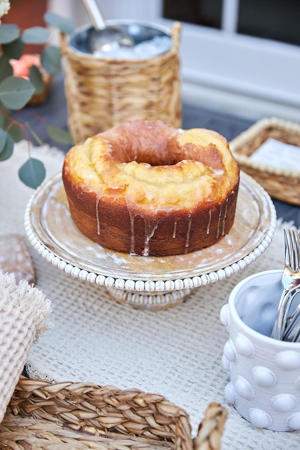 Whitewashed Beaded Mango Wood Pedestal Cake Stand Set