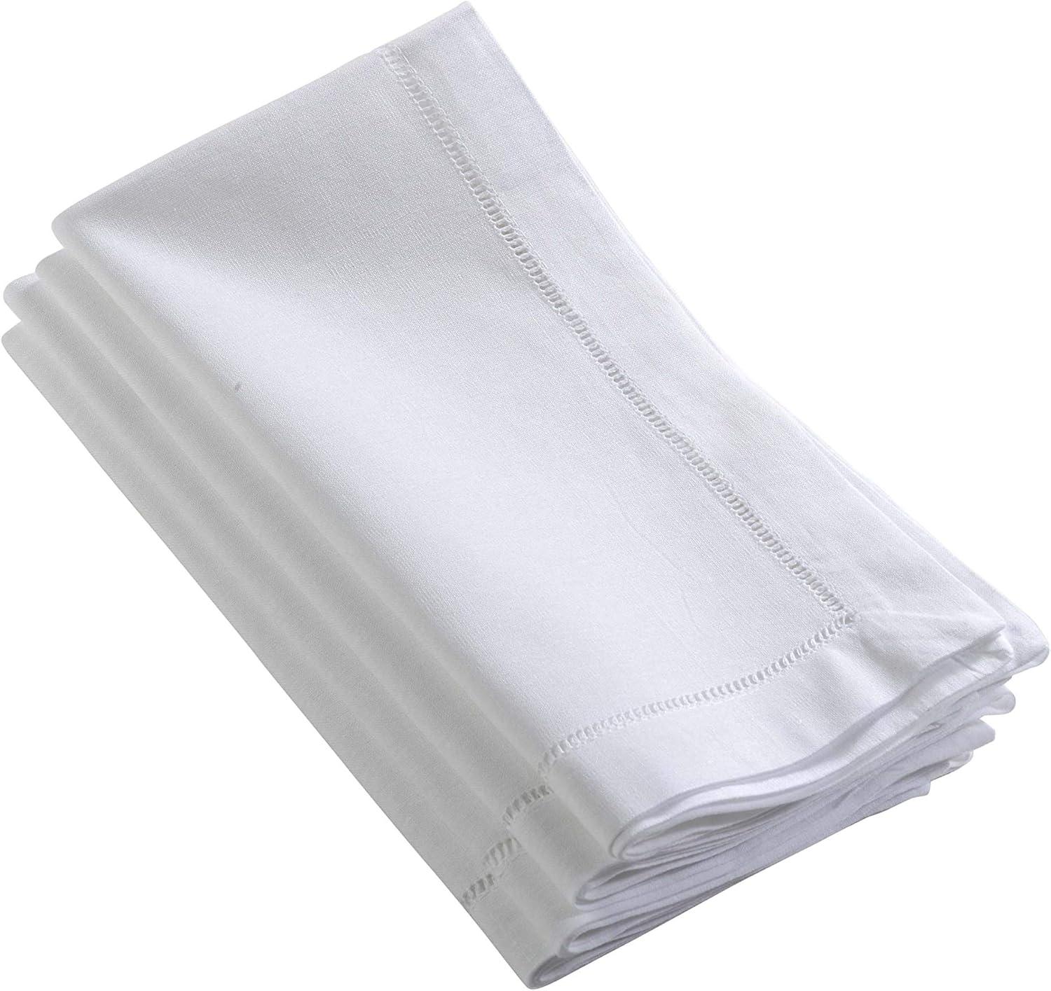 White Hemstitched Cotton Linen Blend Dinner Napkins, Set of 4