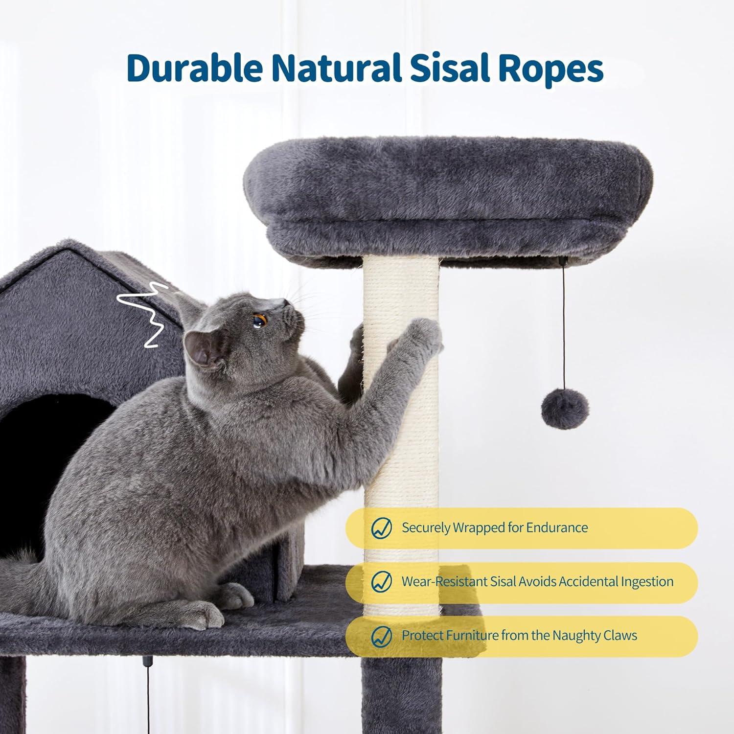 Gray 60 inch Multi-Level Cat Tree with Sisal Posts and Hammock
