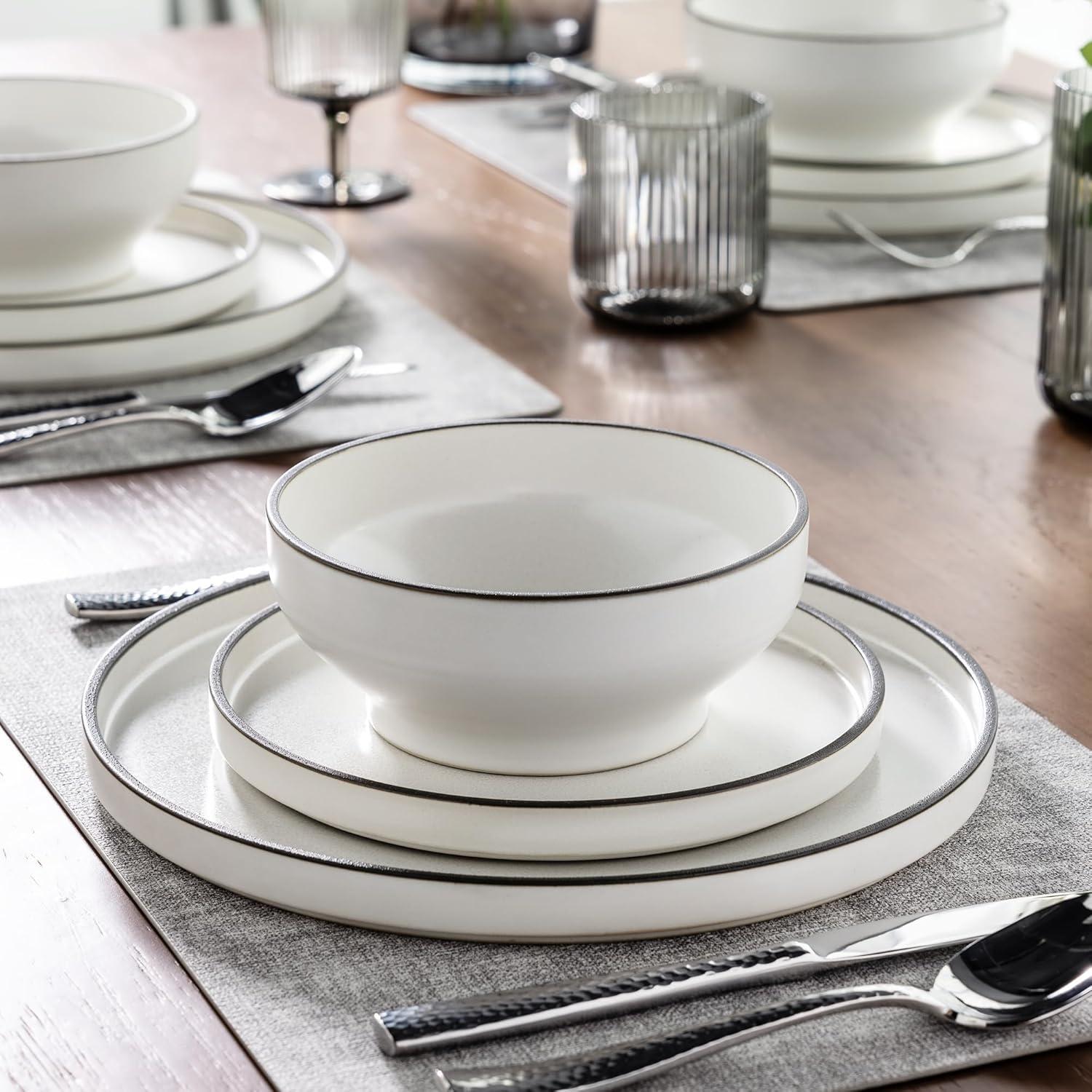 White Ceramic Dinnerware Set for 4 with High Edge Plates and Bowls