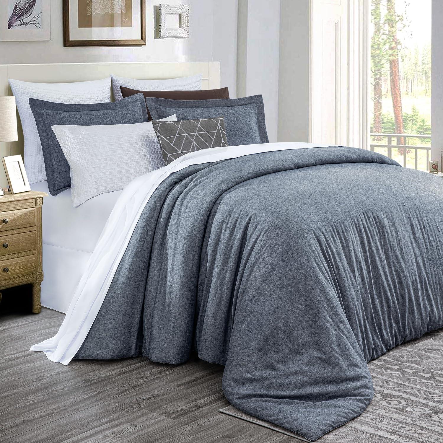 Chezmoi Collection 3-Piece Light Denim Reversible Chalk Stripe Chambray Cotton Comforter Set Queen Size