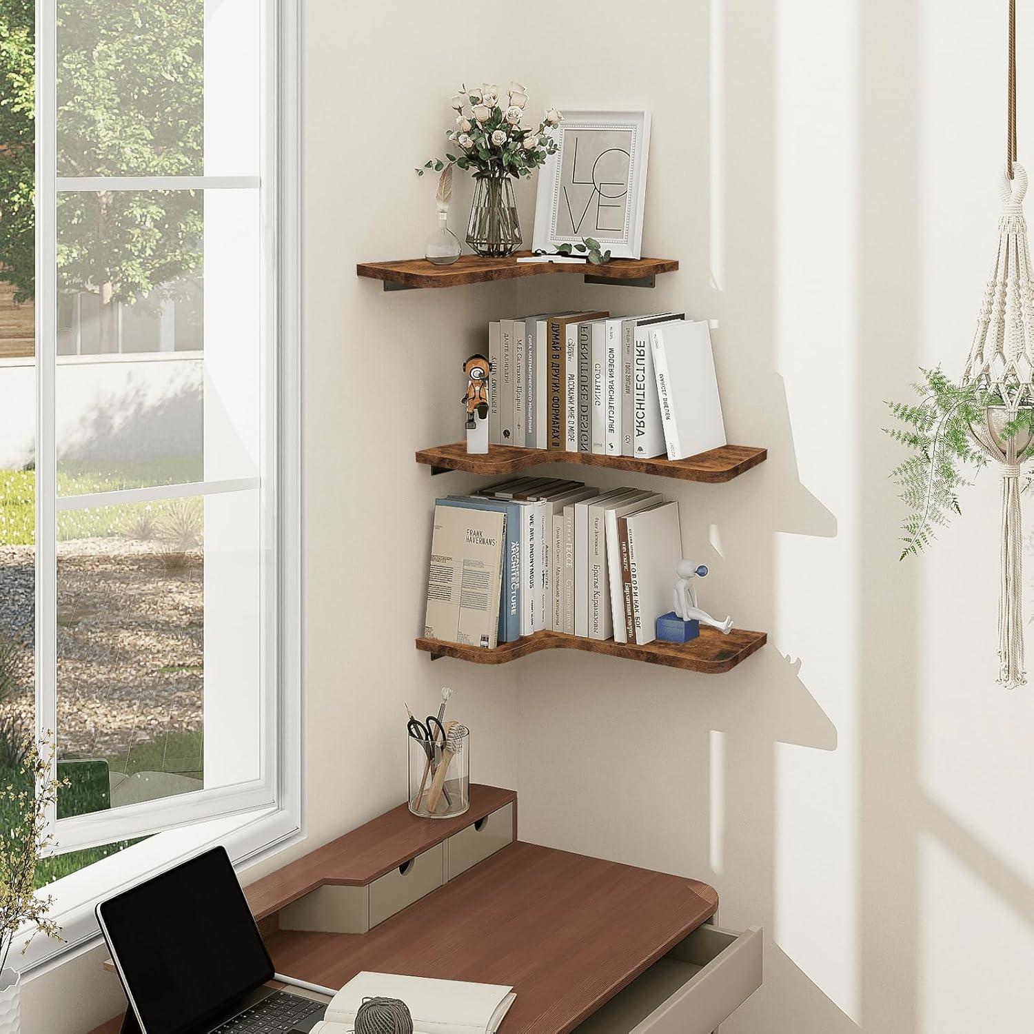 Homode Corner Floating Shelves, Corner Shelves Wall Mounted with Cord Hole, Set of 3 L Shape Wood Wall Storage Shelves for Living Room Bedroom Bathroom Kitchen, Rustic Brown