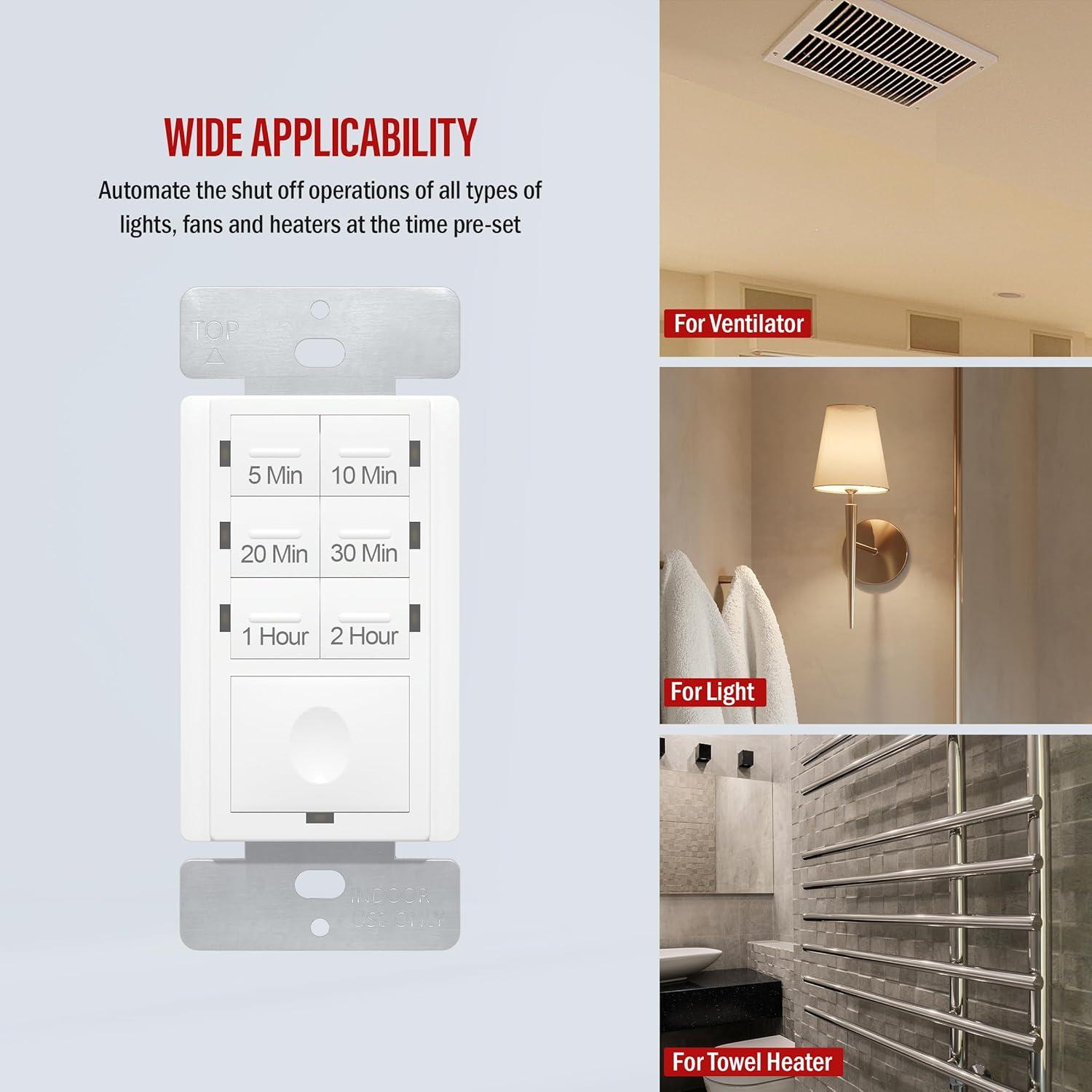 ENERLITES 2-Hour Countdown Timer Switch, 5-10-20-30 Min, 1-2 Hr, for Bathroom Fans, Heaters, Lights, LED Indicator, 120VAC 800W, No Neutral Wire Required, UL Listed, HET06-J-2H-W, White