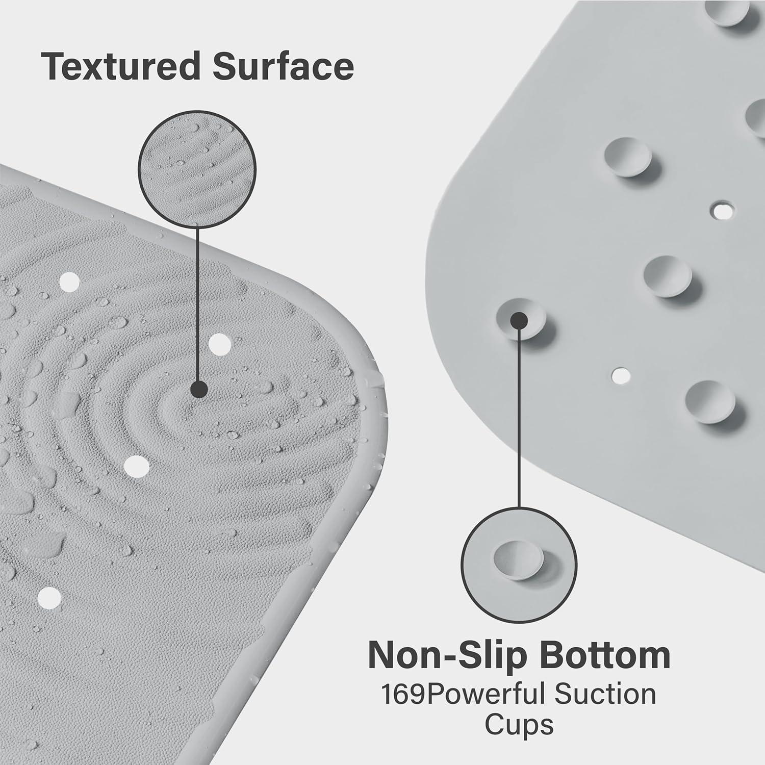 Extra Long Grey Rubber Non-Slip Bathtub Mat with Suction Cups