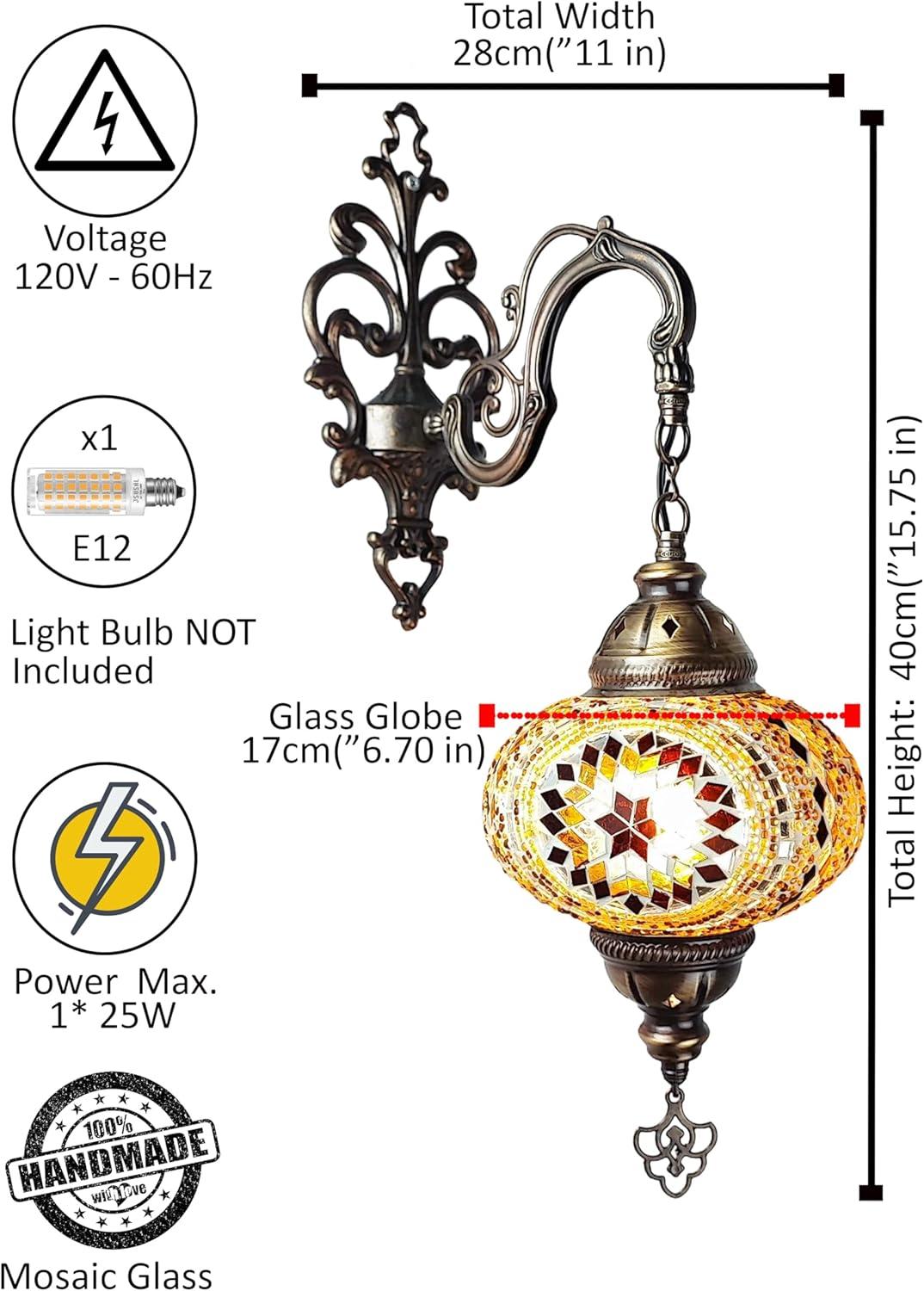 Angora Tonalli Wall Lamp - Large Globe | Turkish Wall Sconce Lamp for Living Decor (15.75")