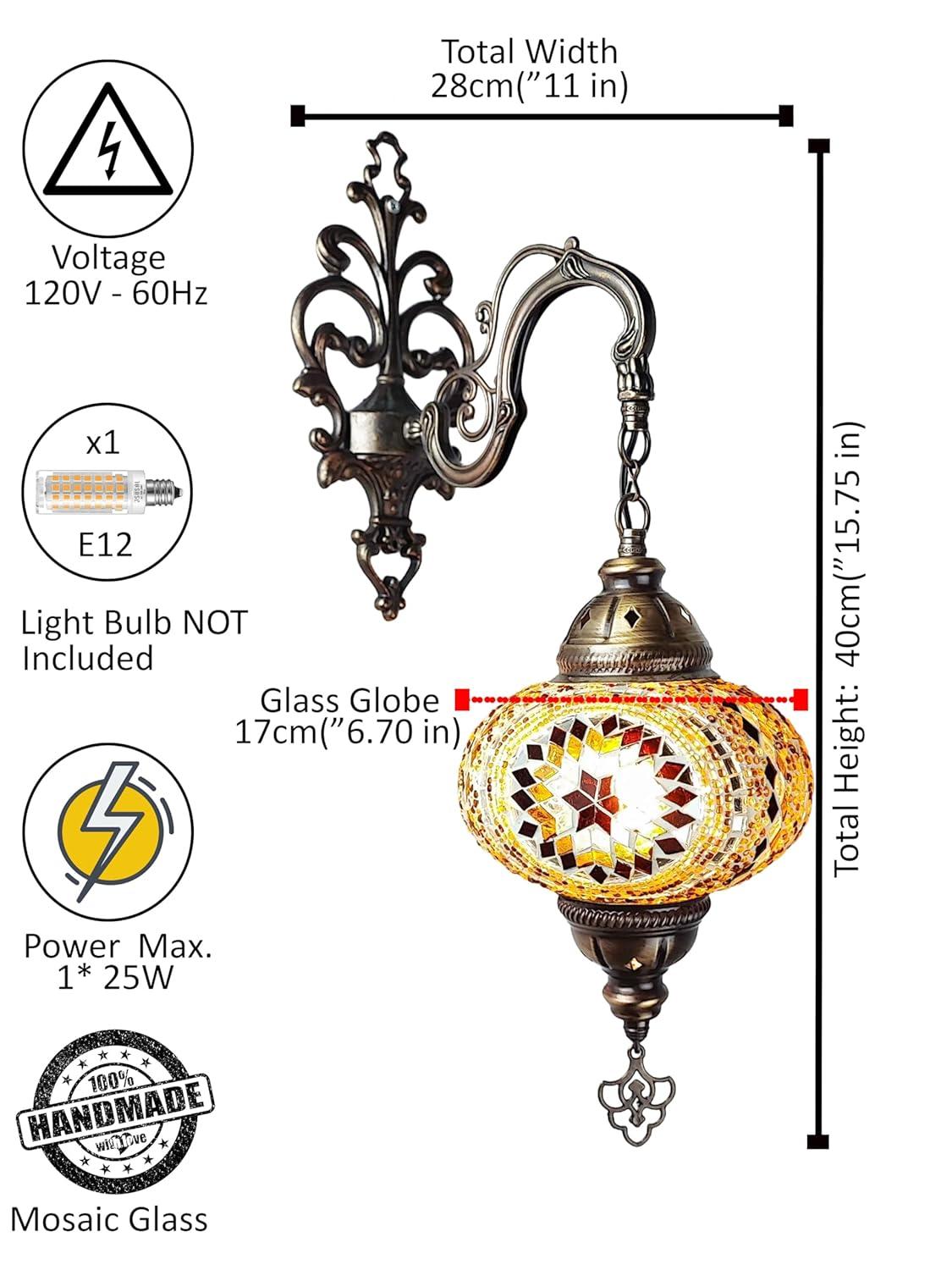 Angora Tonalli Wall Lamp - Large Globe | Turkish Wall Sconce Lamp for Living Decor (15.75")