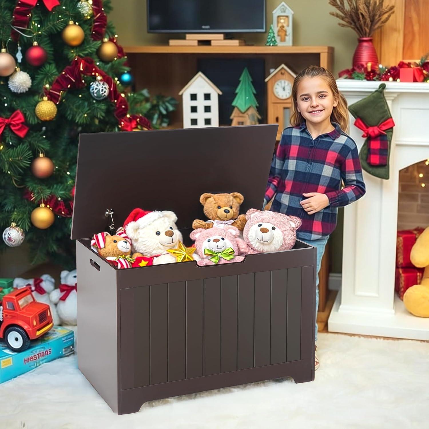 Toy Chest for Girls Boys Wooden Storage Box with Flip-top Lid & Safety Hinge, Kids Room Play Room Nursery Organizer, Bedroom Bench with 100L Storing Area, Brown