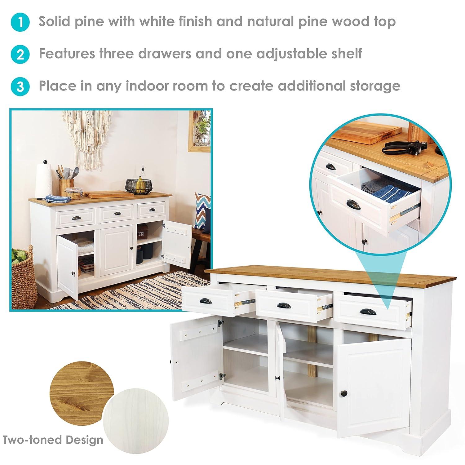 Sunnydaze Sideboard with 3 Drawers and 3 Doors - Solid Pine Construction - Dark Brown- 32"